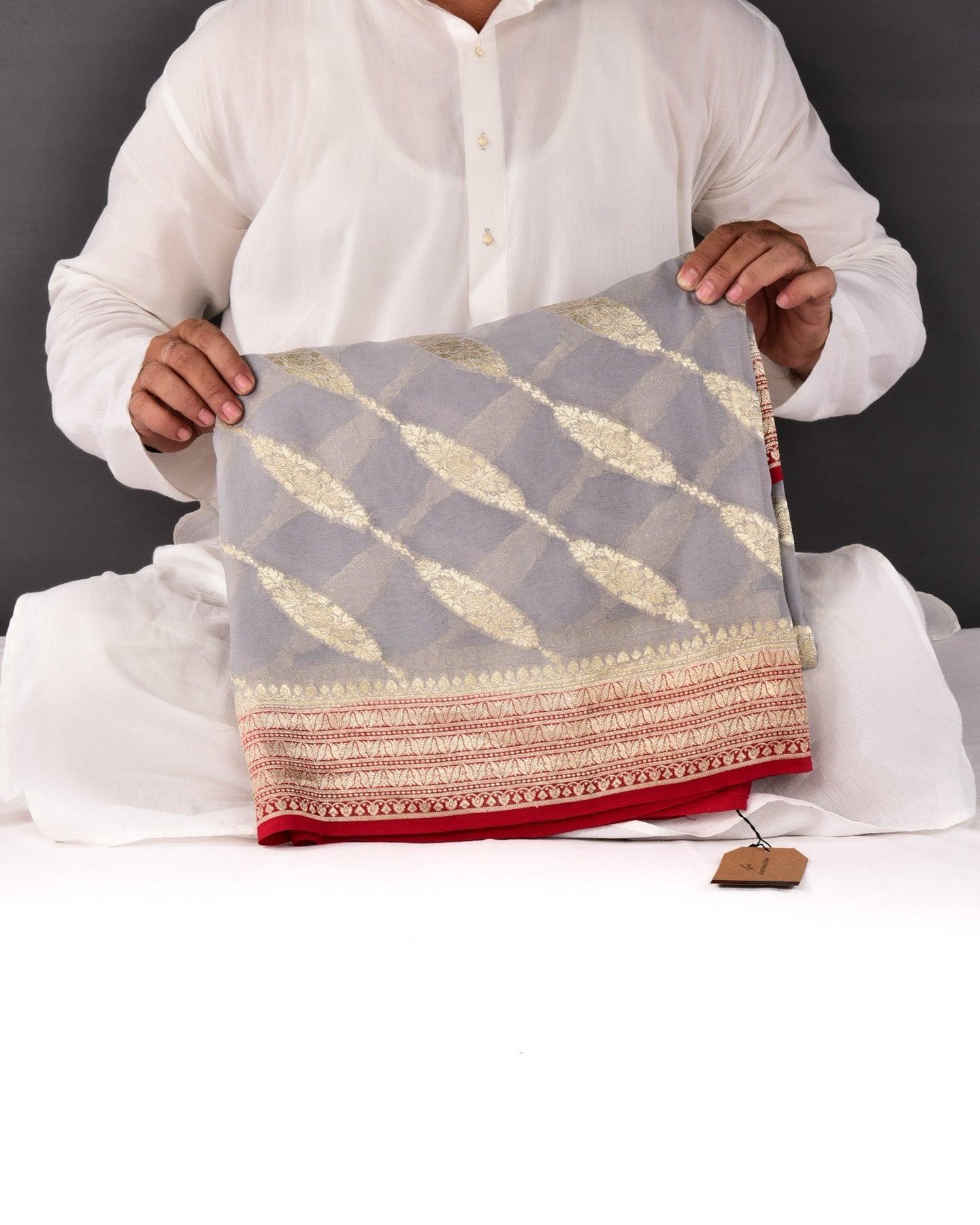 Gray Banarasi Leheriya Cutwork Brocade Handwoven Khaddi Georgette Saree - By HolyWeaves, Benares