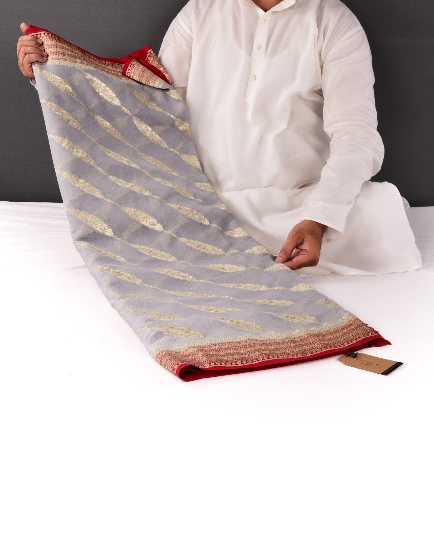 Gray Banarasi Leheriya Cutwork Brocade Handwoven Khaddi Georgette Saree - By HolyWeaves, Benares