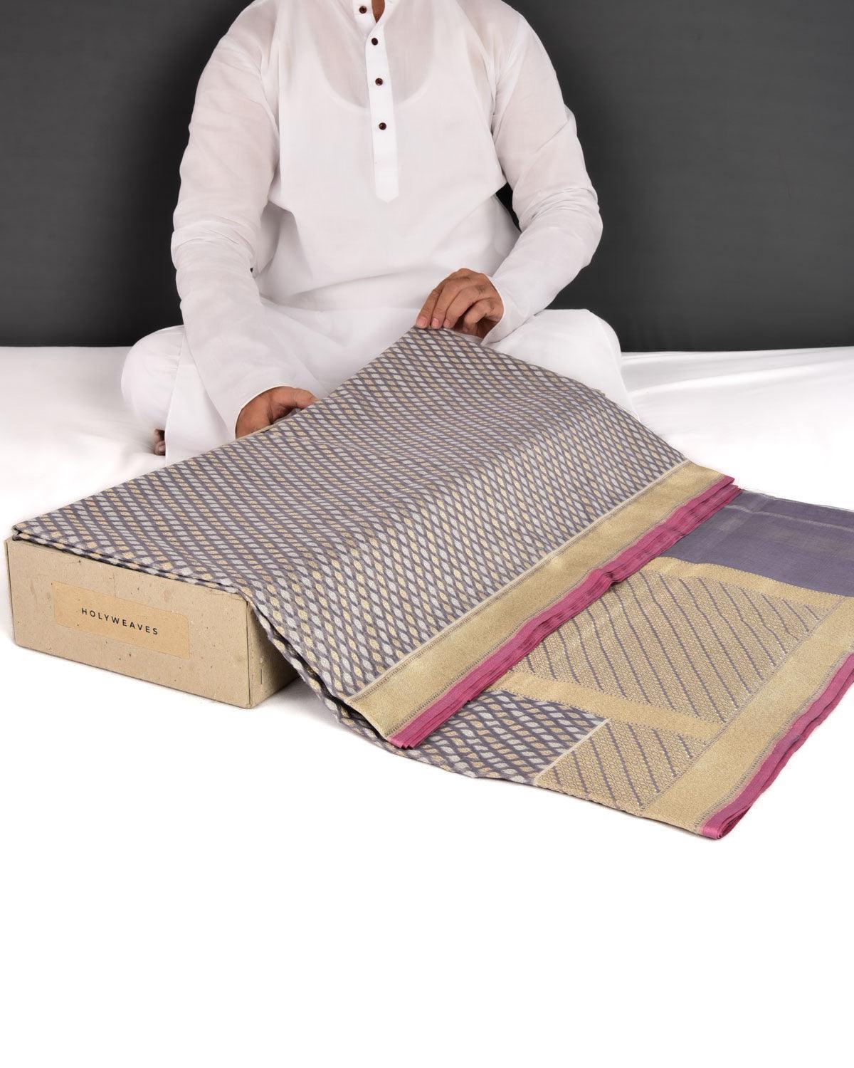 Gray Banarasi Maheen Resham & Gold Zari Ghani Buti Cutwork Brocade Handwoven Cotton Silk Saree - By HolyWeaves, Benares
