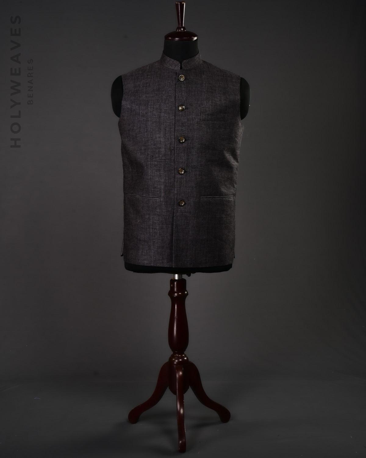 Gray Banarasi Plain Handwoven Linen Cotton Mens Modi Jacket - By HolyWeaves, Benares