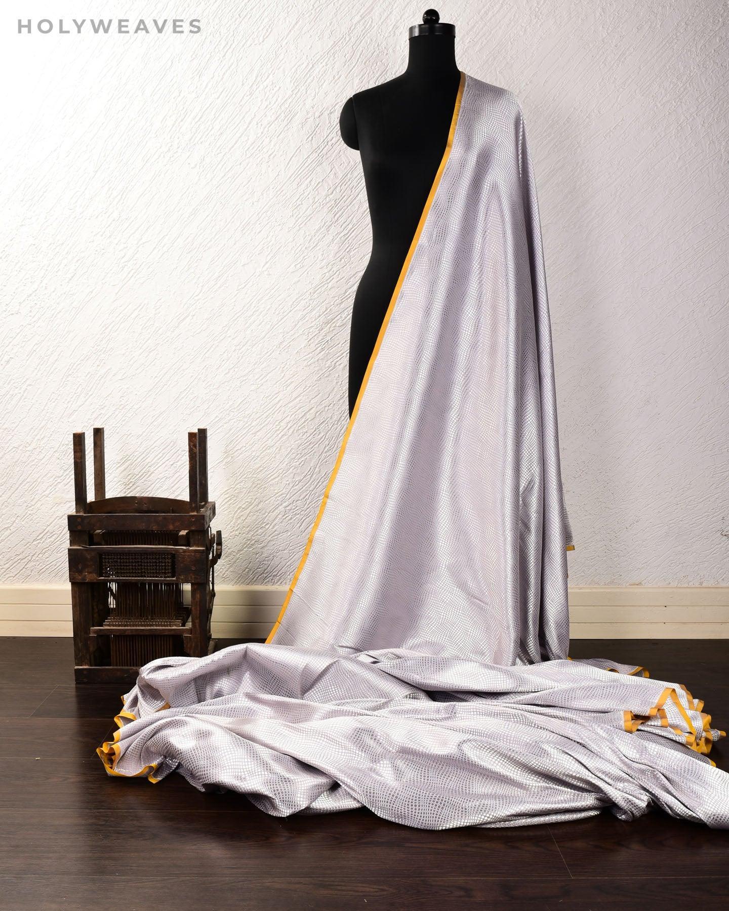 Gray Banarasi Python Silver Double Zari Brocade Handwoven Katan Silk Fabric - By HolyWeaves, Benares