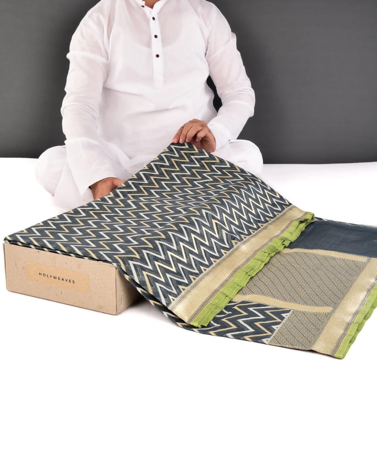 Gray Banarasi Resham & Gold Zari Chevron Cutwork Brocade Handwoven Cotton Silk Saree - By HolyWeaves, Benares