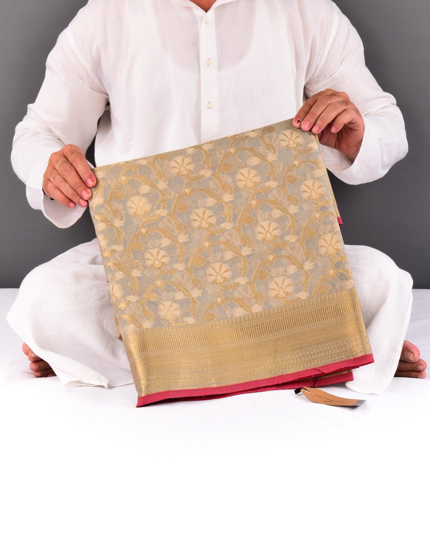 Gray Banarasi Resham and Zari Jaal Strip Textured Cutwork Brocade Woven Blended Cotton Silk Saree - By HolyWeaves, Benares