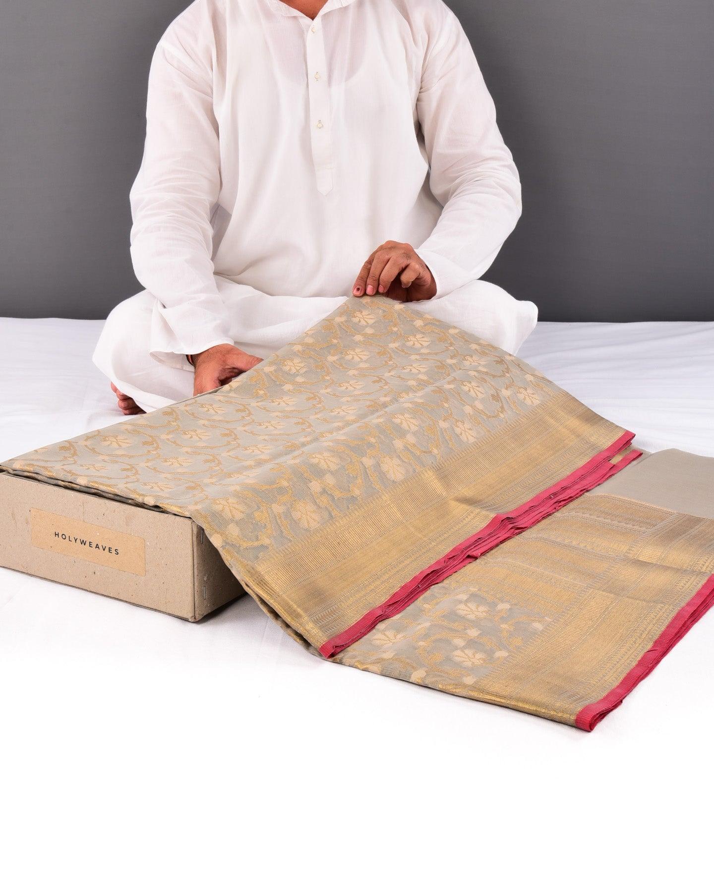 Gray Banarasi Resham and Zari Jaal Strip Textured Cutwork Brocade Woven Blended Cotton Silk Saree - By HolyWeaves, Benares