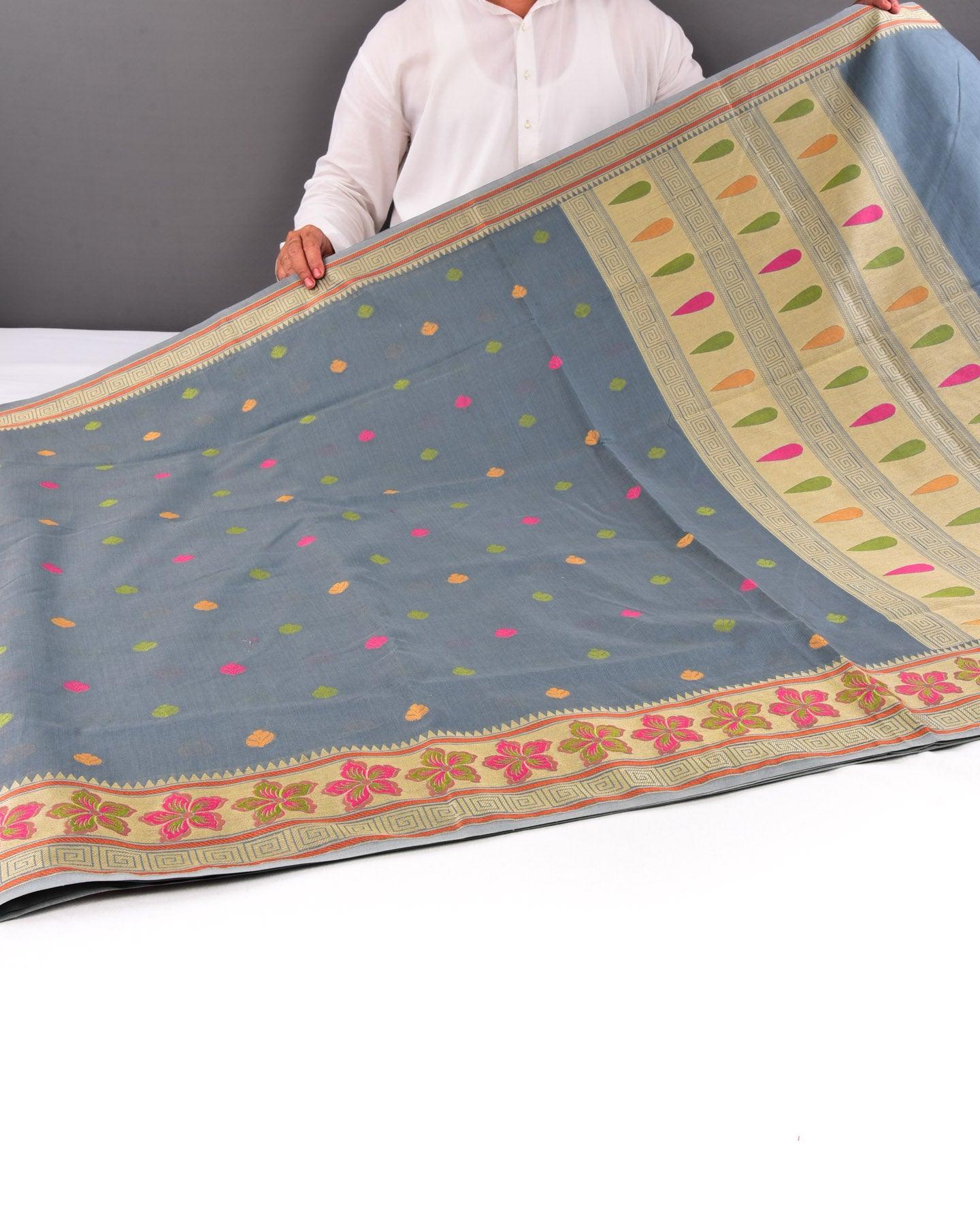 Gray Banarasi Resham Buti Cutwork Brocade Woven Cotton Silk Saree - By HolyWeaves, Benares