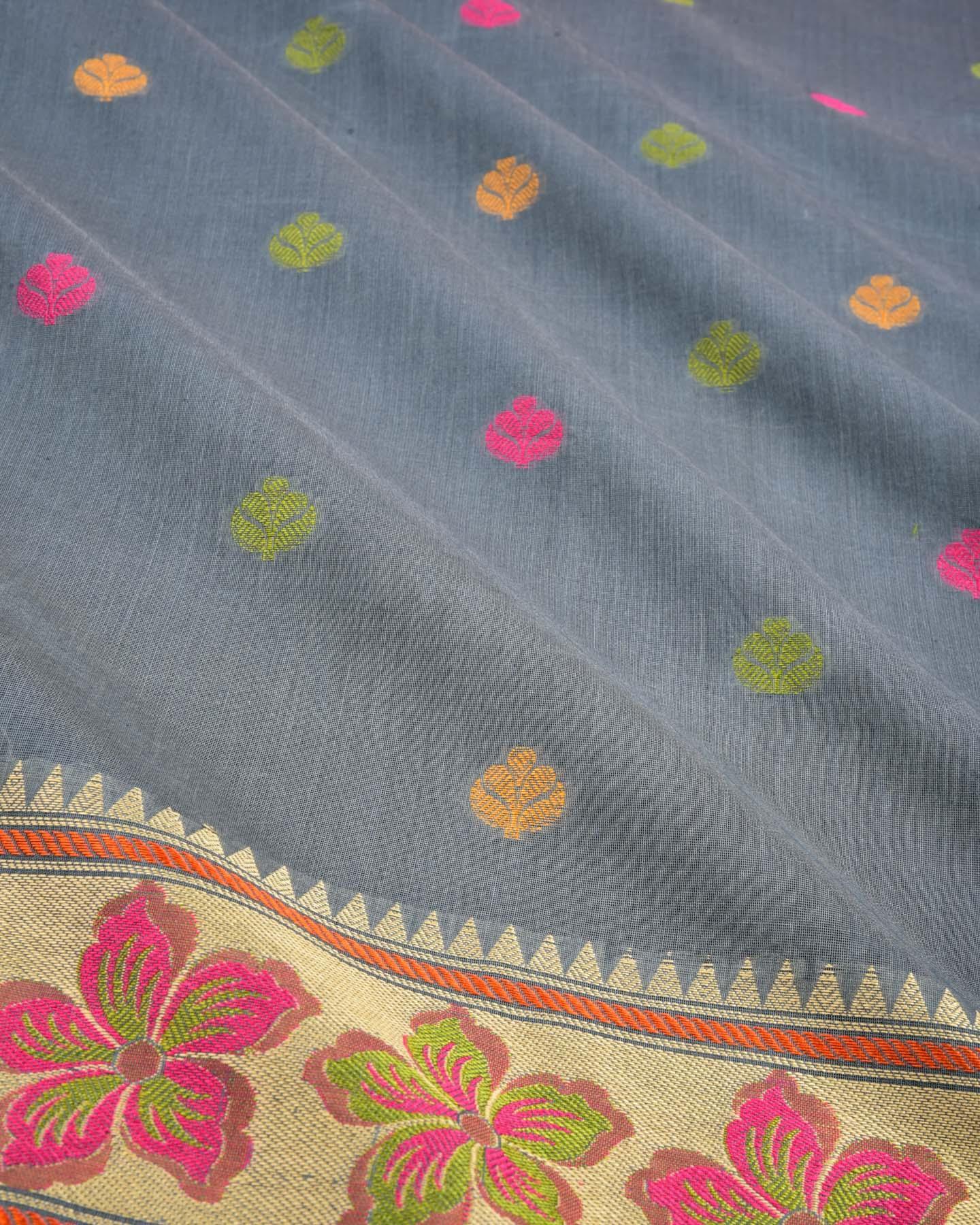 Gray Banarasi Resham Buti Cutwork Brocade Woven Cotton Silk Saree - By HolyWeaves, Benares