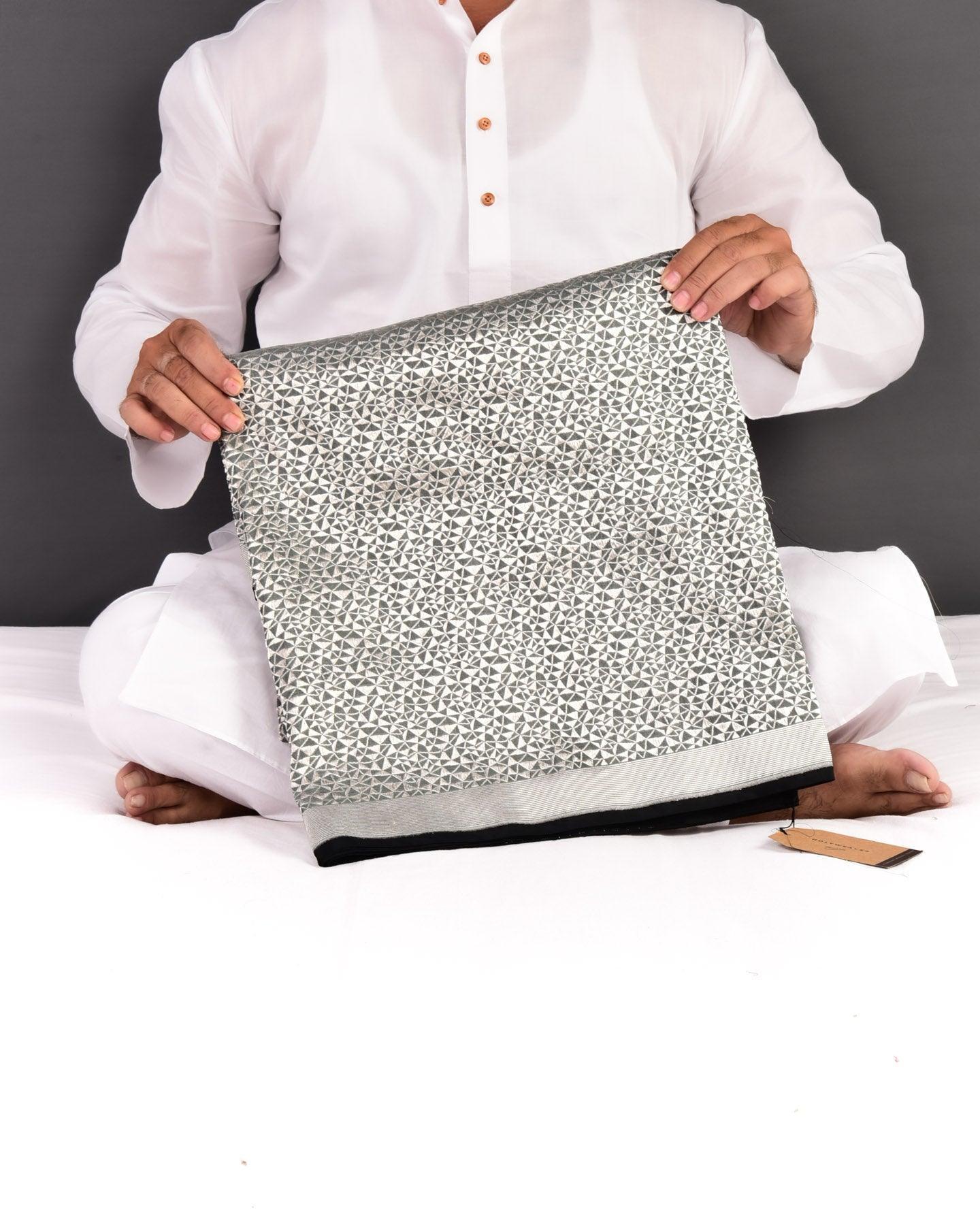 Gray Banarasi Silver Zari Geometrical Brocade Handwoven Katan Silk Saree - By HolyWeaves, Benares