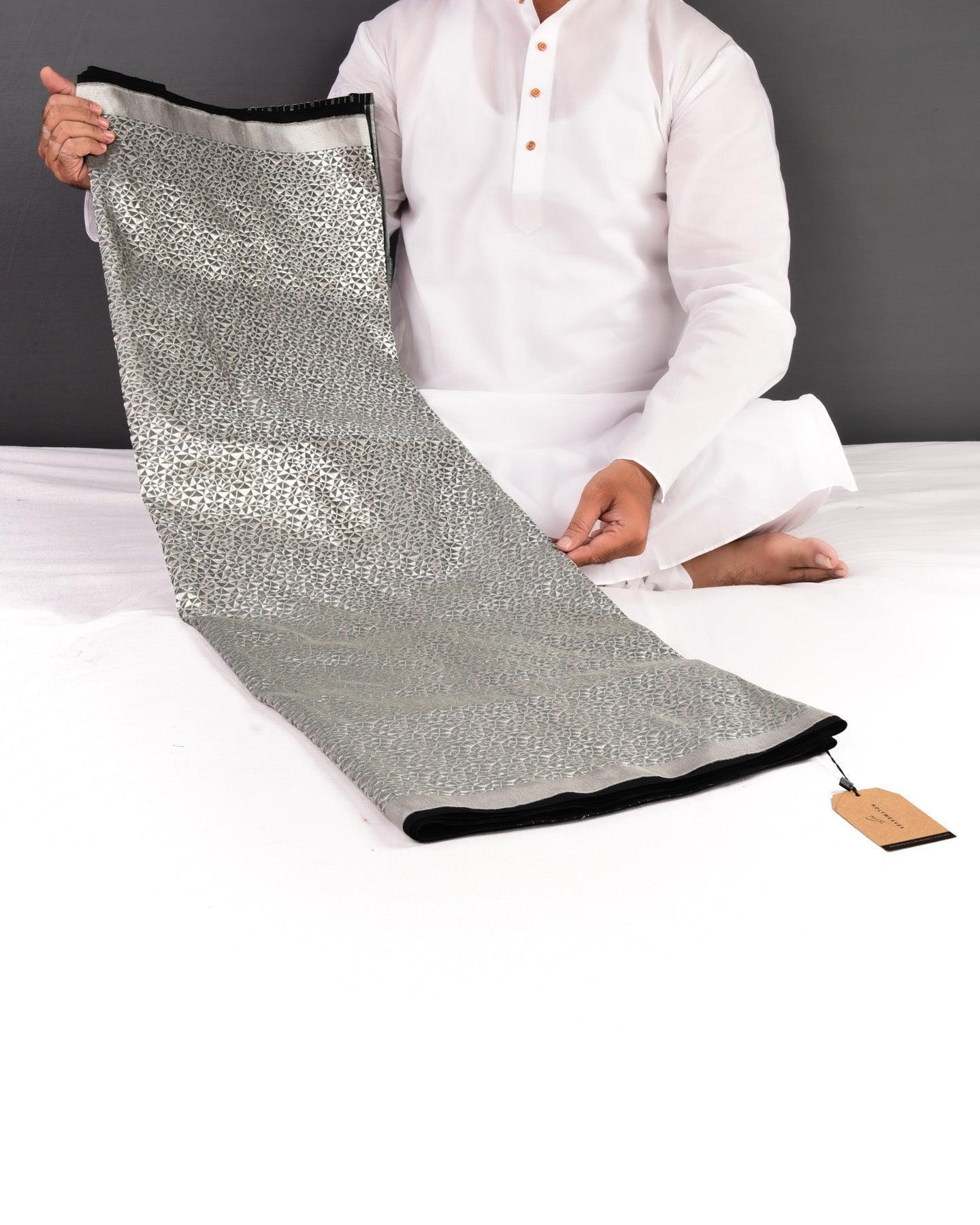 Gray Banarasi Silver Zari Geometrical Brocade Handwoven Katan Silk Saree - By HolyWeaves, Benares