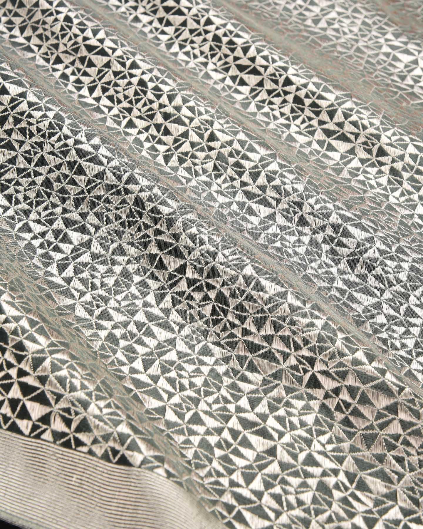 Gray Banarasi Silver Zari Geometrical Brocade Handwoven Katan Silk Saree - By HolyWeaves, Benares