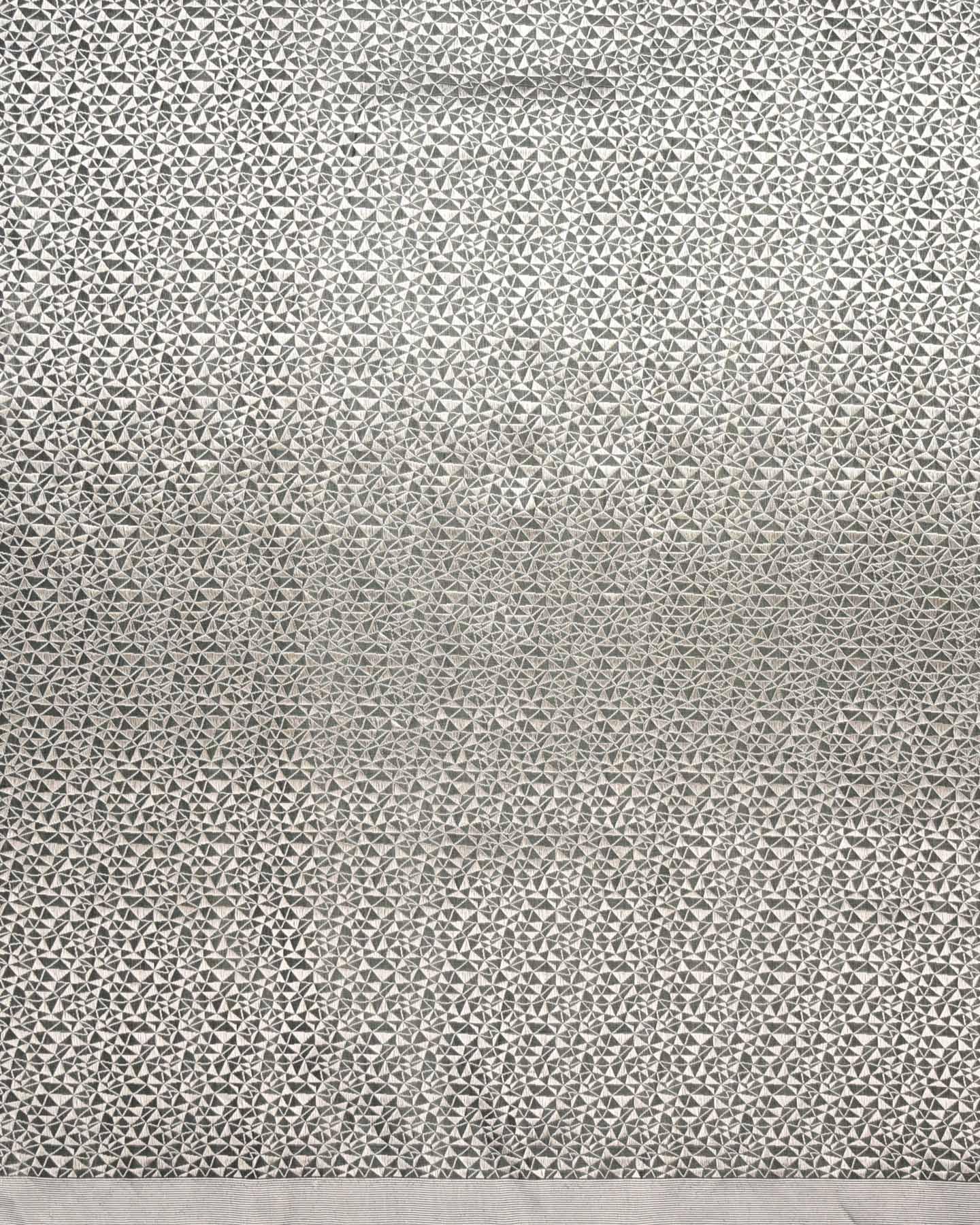 Gray Banarasi Silver Zari Geometrical Brocade Handwoven Katan Silk Saree - By HolyWeaves, Benares