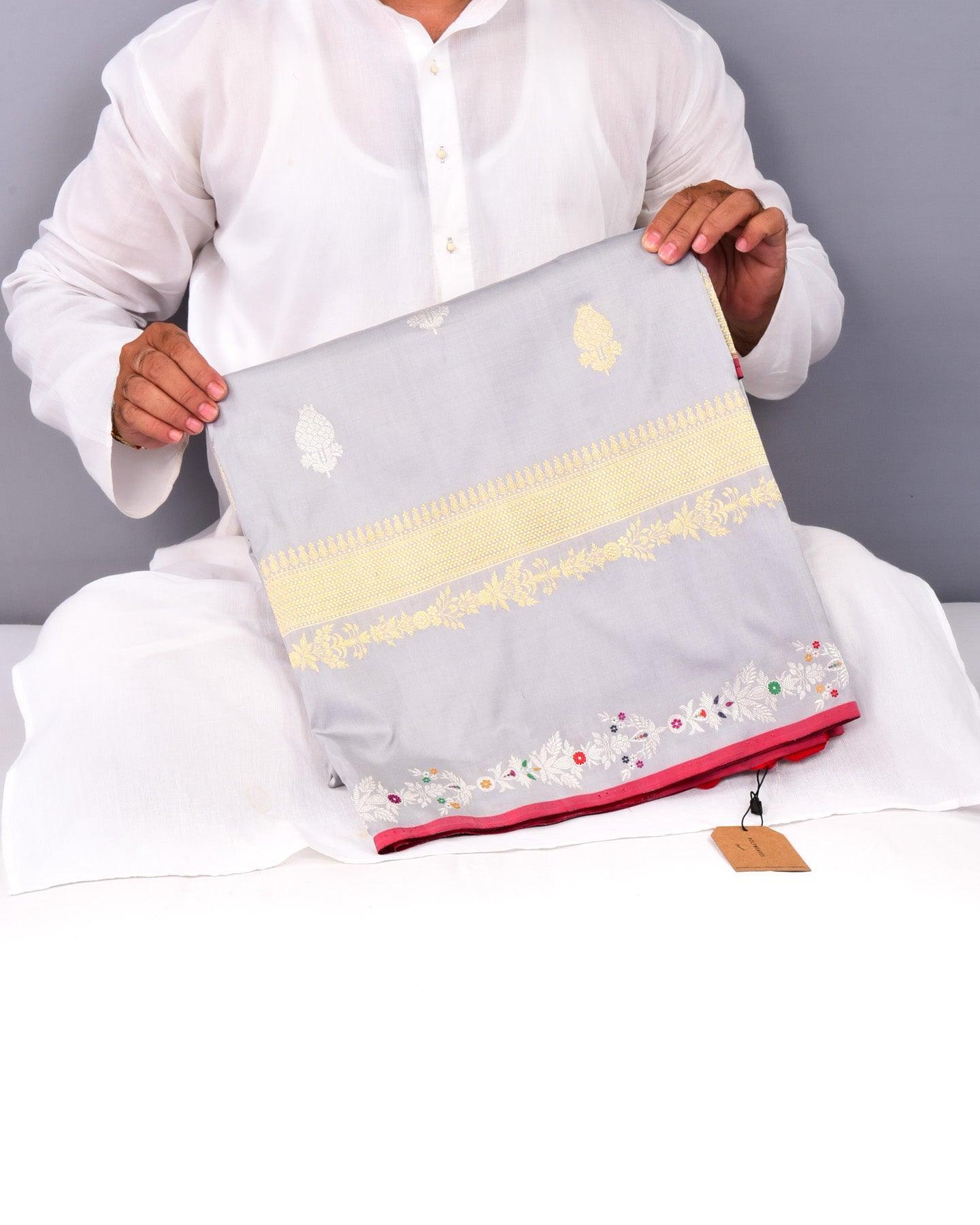 Gray Banarasi Silver Zari Meena Bel Kadhuan Brocade Handwoven Katan Silk Saree with Red Blouse Piece - By HolyWeaves, Benares