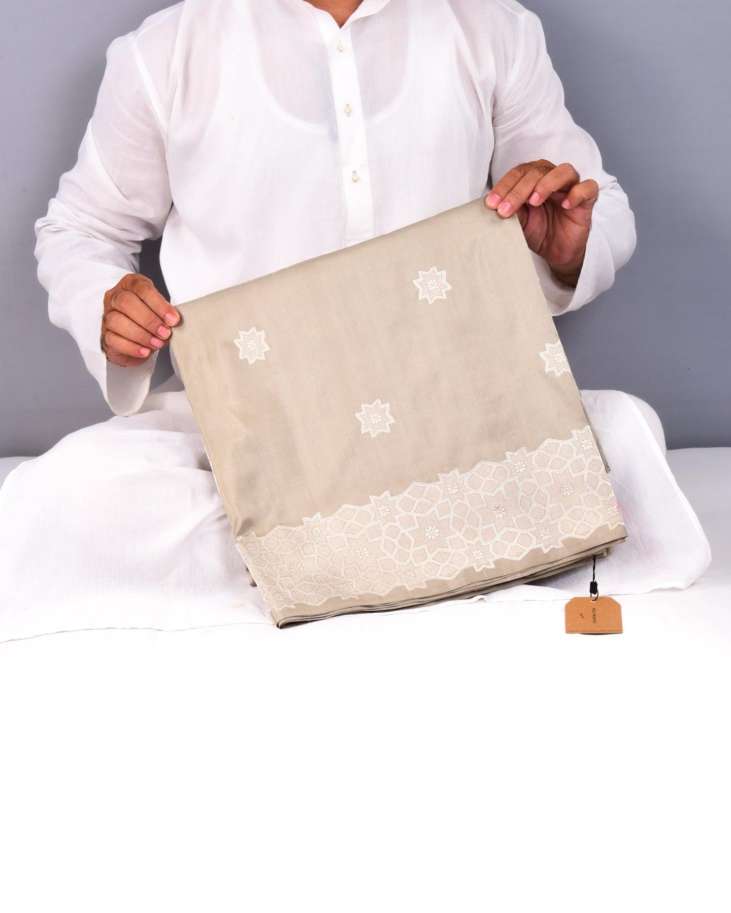 Gray Banarasi Silver Zari Sitara Buti Kadhuan Brocade Handwoven Katan Silk Saree with Peach Blouse Piece - By HolyWeaves, Benares