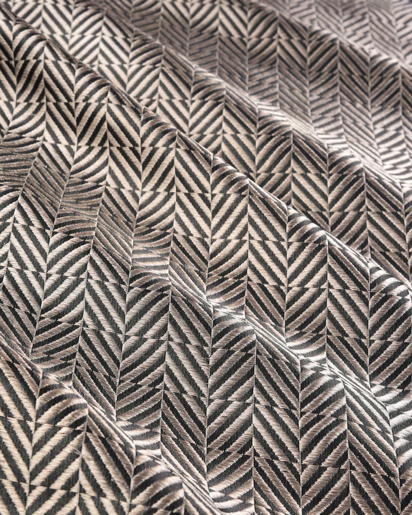 Gray Banarasi Silver Zari Split Herringbone Brocade Handwoven Katan Silk Fabric - By HolyWeaves, Benares