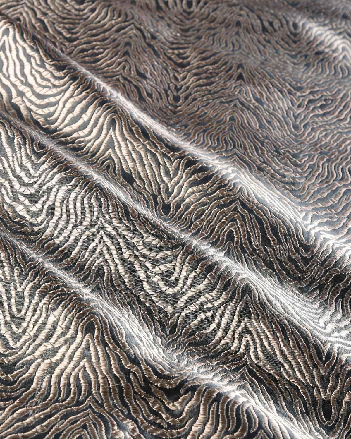 Gray Banarasi Silver Zari Tiger Stripes Brocade Handwoven Katan Silk Fabric - By HolyWeaves, Benares