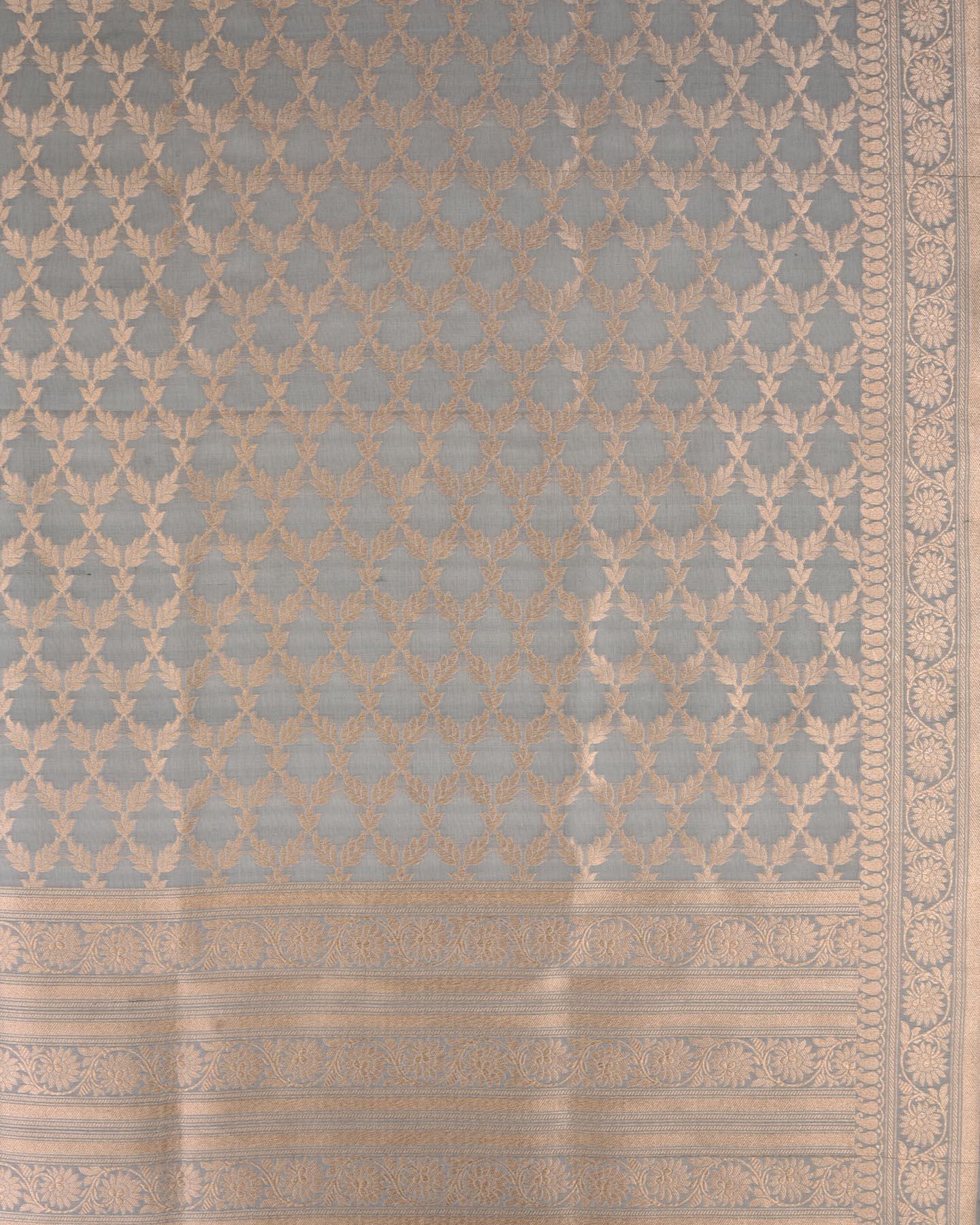 Gray Banarasi Soft Gold Zari Jangla Cutwork Brocade Handwoven Summer Silk Dupatta - By HolyWeaves, Benares