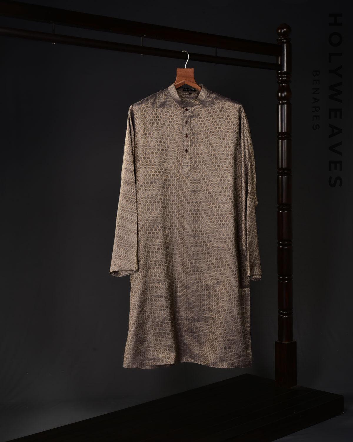 Gray Banarasi Soft Zari Brocade Handwoven Muga Silk Mens Kurta Pyjama - By HolyWeaves, Benares