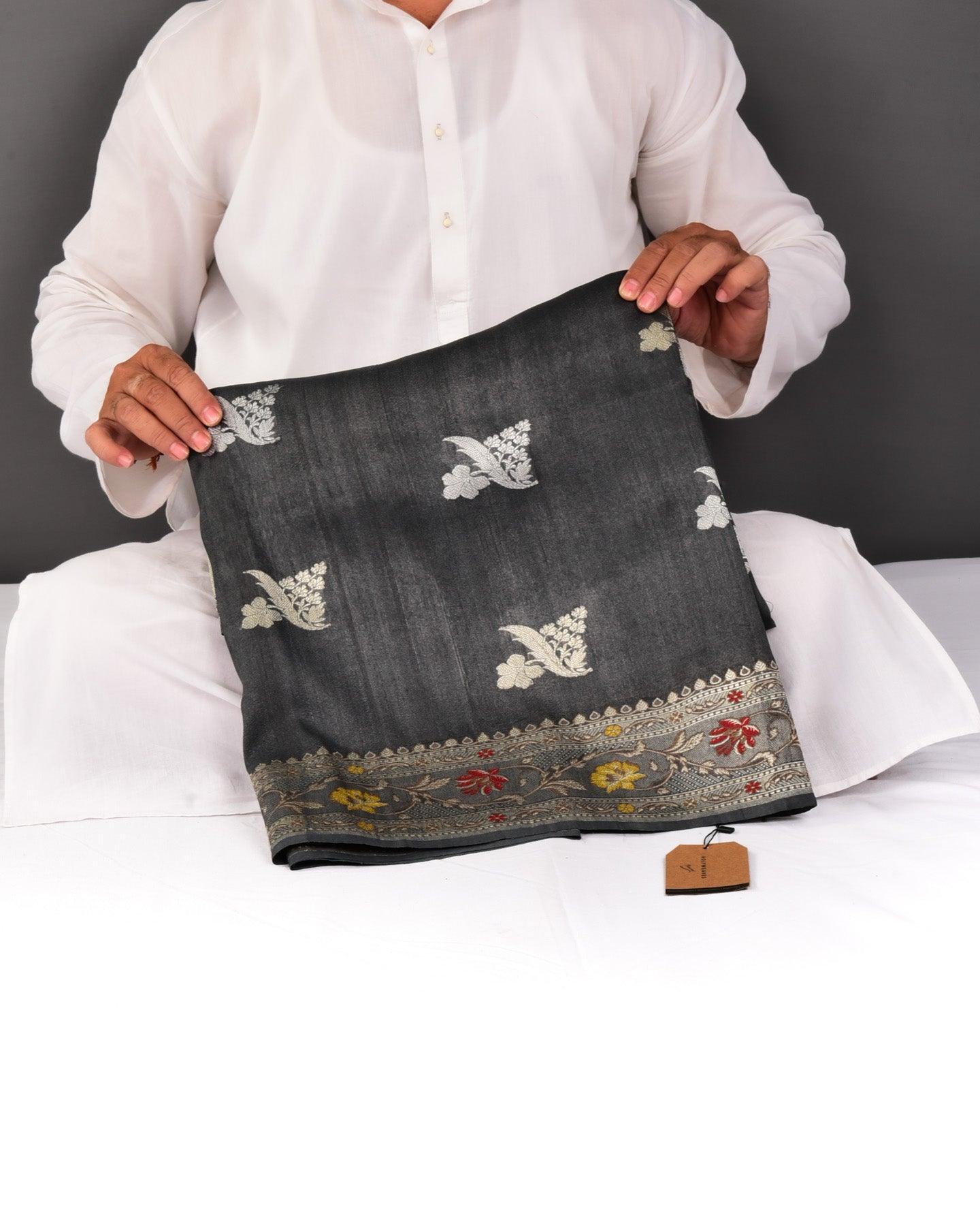 Gray Banarasi Sona Rupa Buta Kadhuan Brocade Handwoven Tasar Georgette Saree with Meena Bel Border - By HolyWeaves, Benares