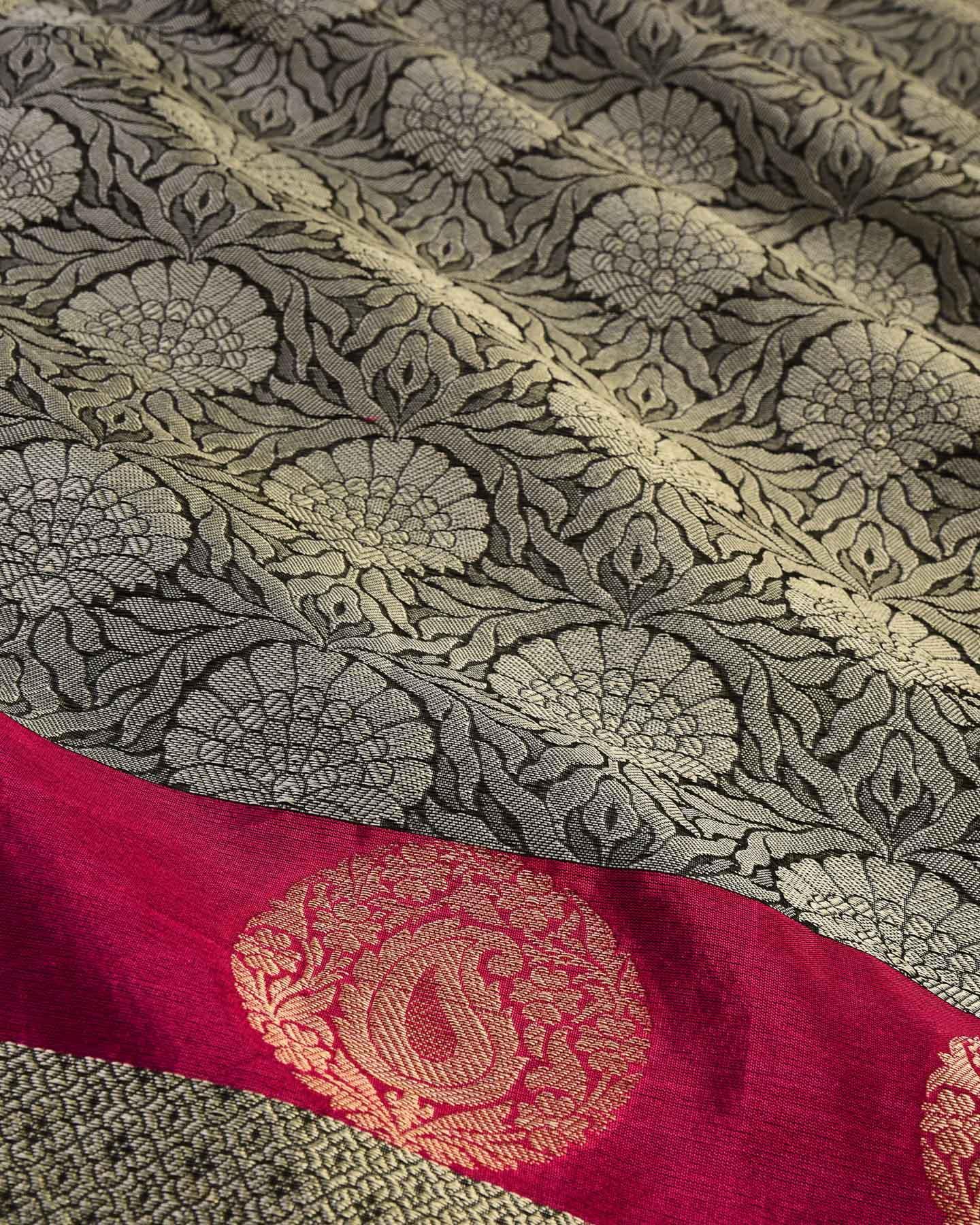 Gray Banarasi Tanchoi Brocade Woven Art Cotton Silk Saree - By HolyWeaves, Benares