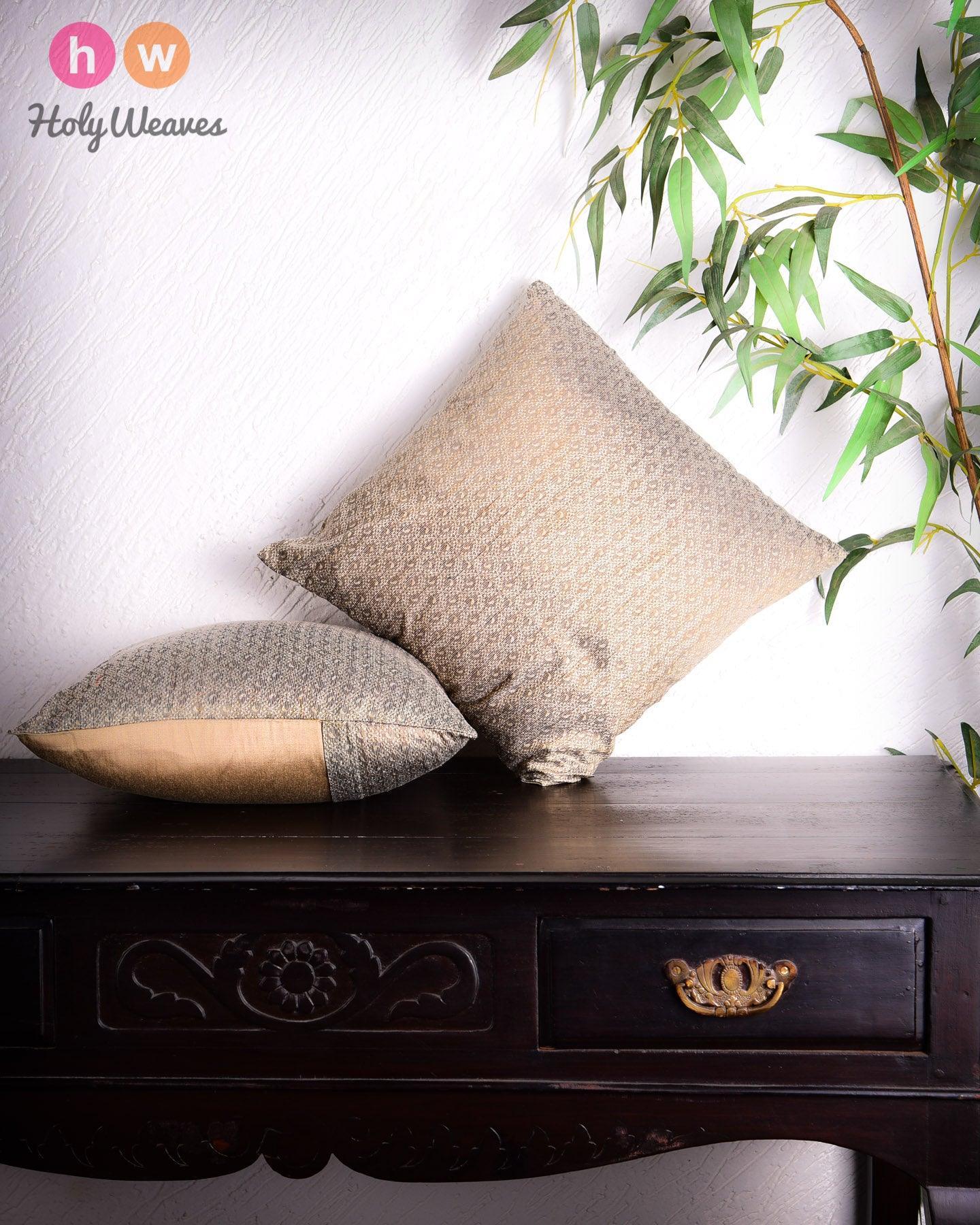 Gray Banarasi Tanchoi Cotton Silk Cushion Cover 16" - By HolyWeaves, Benares