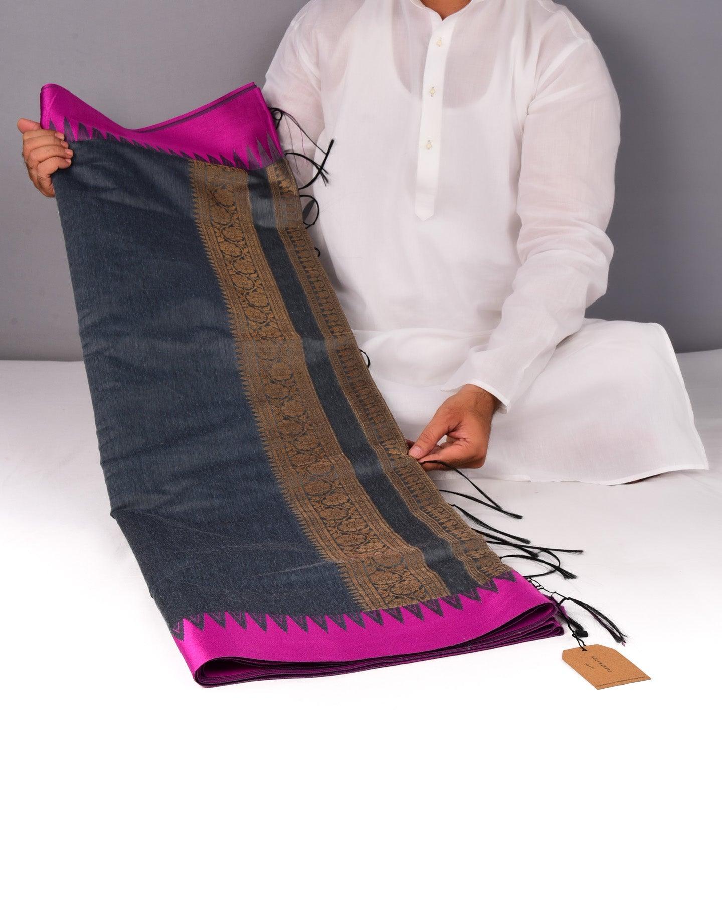 Gray Banarasi Temple Border Cutwork Brocade Woven Cotton Silk Saree - By HolyWeaves, Benares