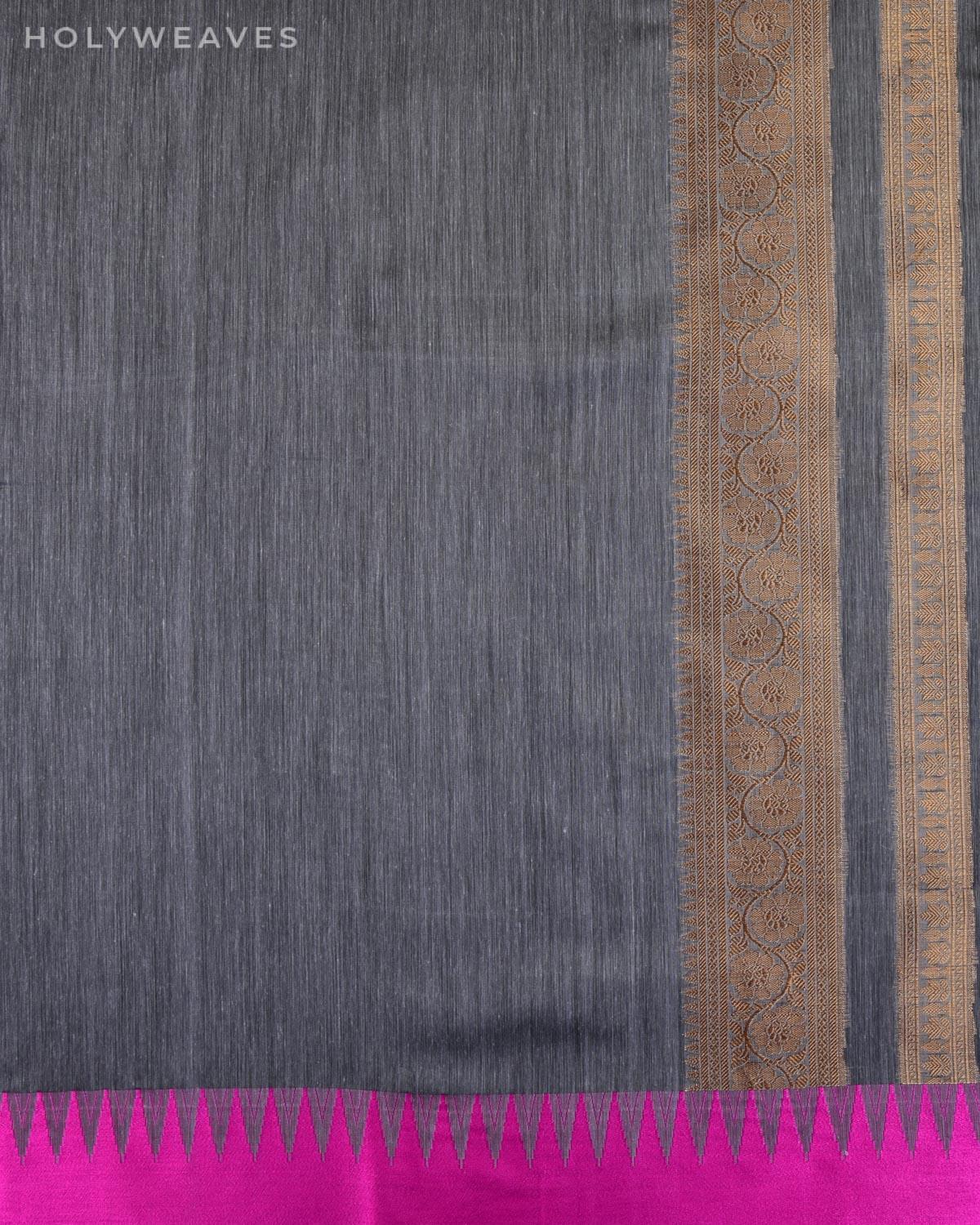 Gray Banarasi Temple Border Cutwork Brocade Woven Cotton Silk Saree - By HolyWeaves, Benares