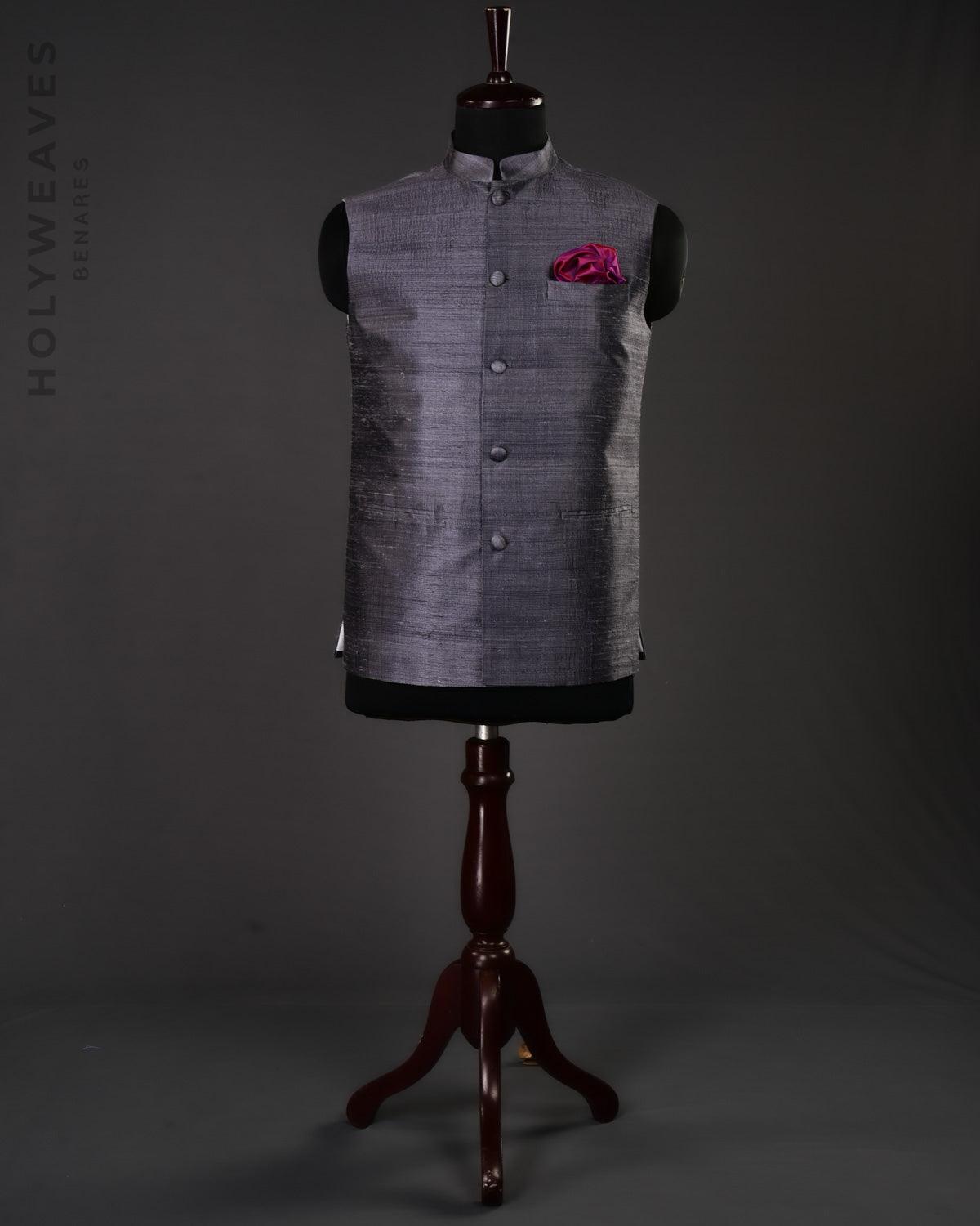 Gray Banarasi Textured Handwoven Raw Silk Mens Modi Jacket - By HolyWeaves, Benares