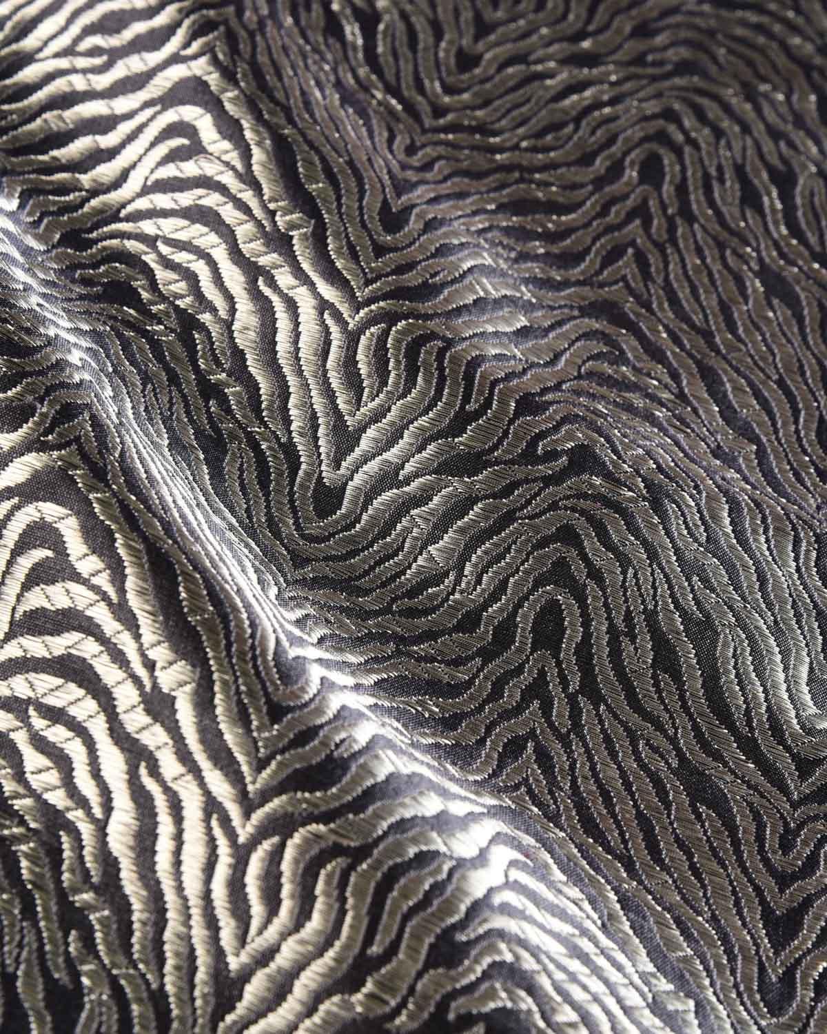 Gray Banarasi Tiger Stripes Silver Zari Brocade Handwoven Silk Pocket Square - By HolyWeaves, Benares