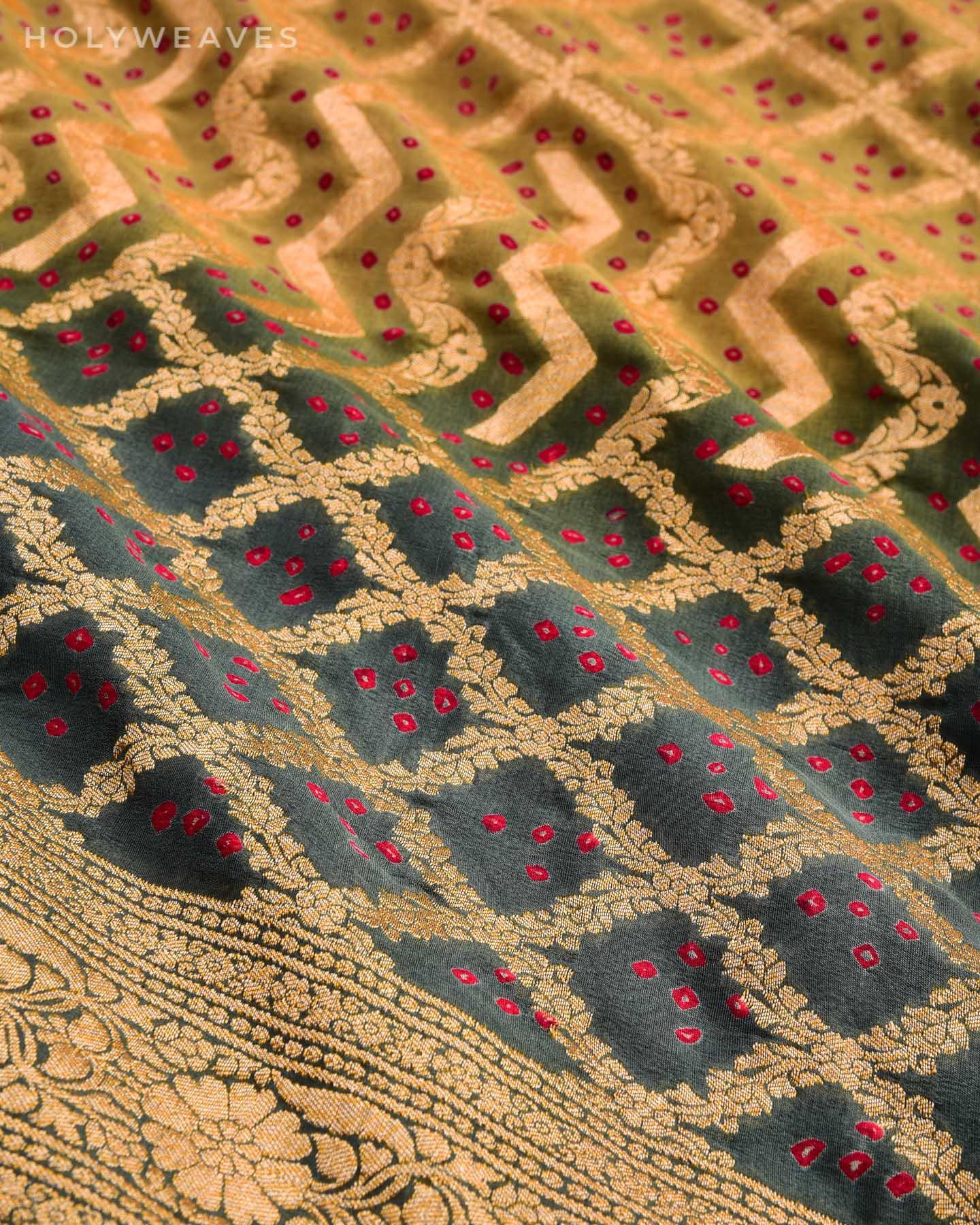 Gray Beige Banarasi Cutwork Brocade Handwoven Khaddi Georgette Dupatta with 2-color Bandhej - By HolyWeaves, Benares