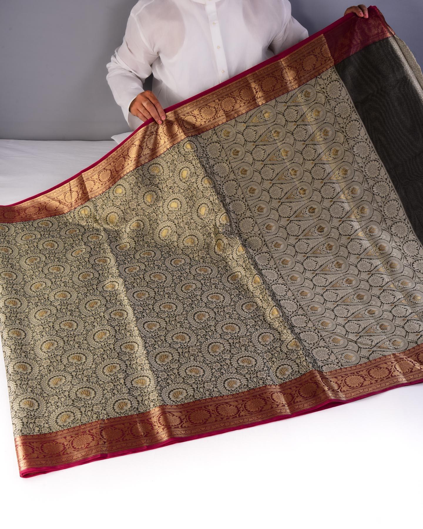 Gray Floral Jangla Cutwork Brocade Woven Art Cotton Silk Saree - By HolyWeaves, Benares