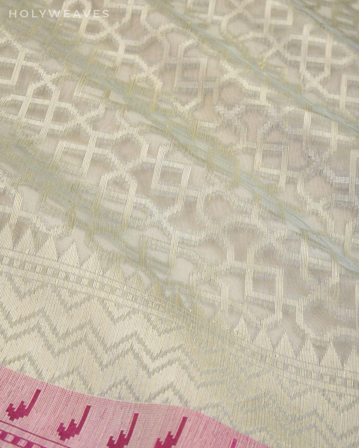 Gray Green Banarasi Geometric Grids Silver Zari Cutwork Brocade Handwoven Kora Silk Saree with Brocade Blouse Piece - By HolyWeaves, Benares