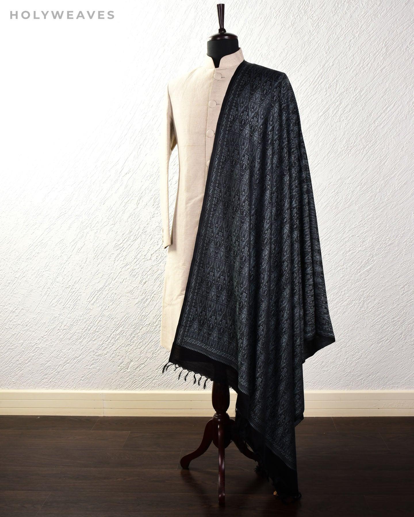 Gray on Black Banarasi Alfi Jamawar Handwoven Silk-wool Shawl - By HolyWeaves, Benares
