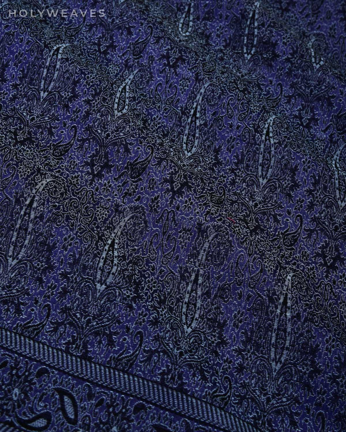 Gray on Blue Banarasi Alfi Paisley Jamawar Handwoven Silk-wool Shawl - By HolyWeaves, Benares