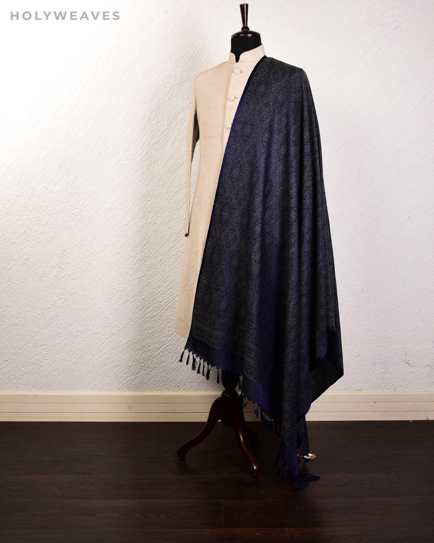Gray on Navy Blue Banarasi Alfi Damask Jamawar Handwoven Silk-wool Shawl - By HolyWeaves, Benares