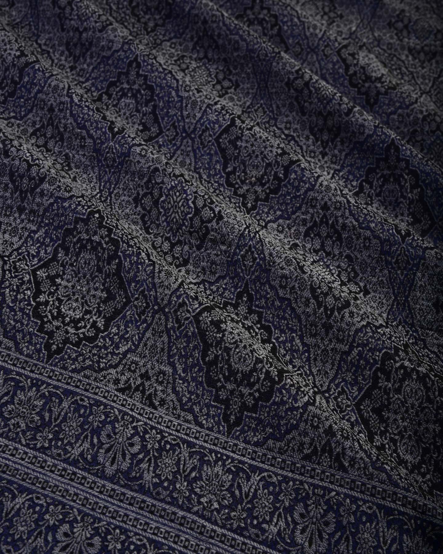 Gray on Navy Blue Banarasi Alfi Damask Jamawar Handwoven Silk-wool Shawl - By HolyWeaves, Benares