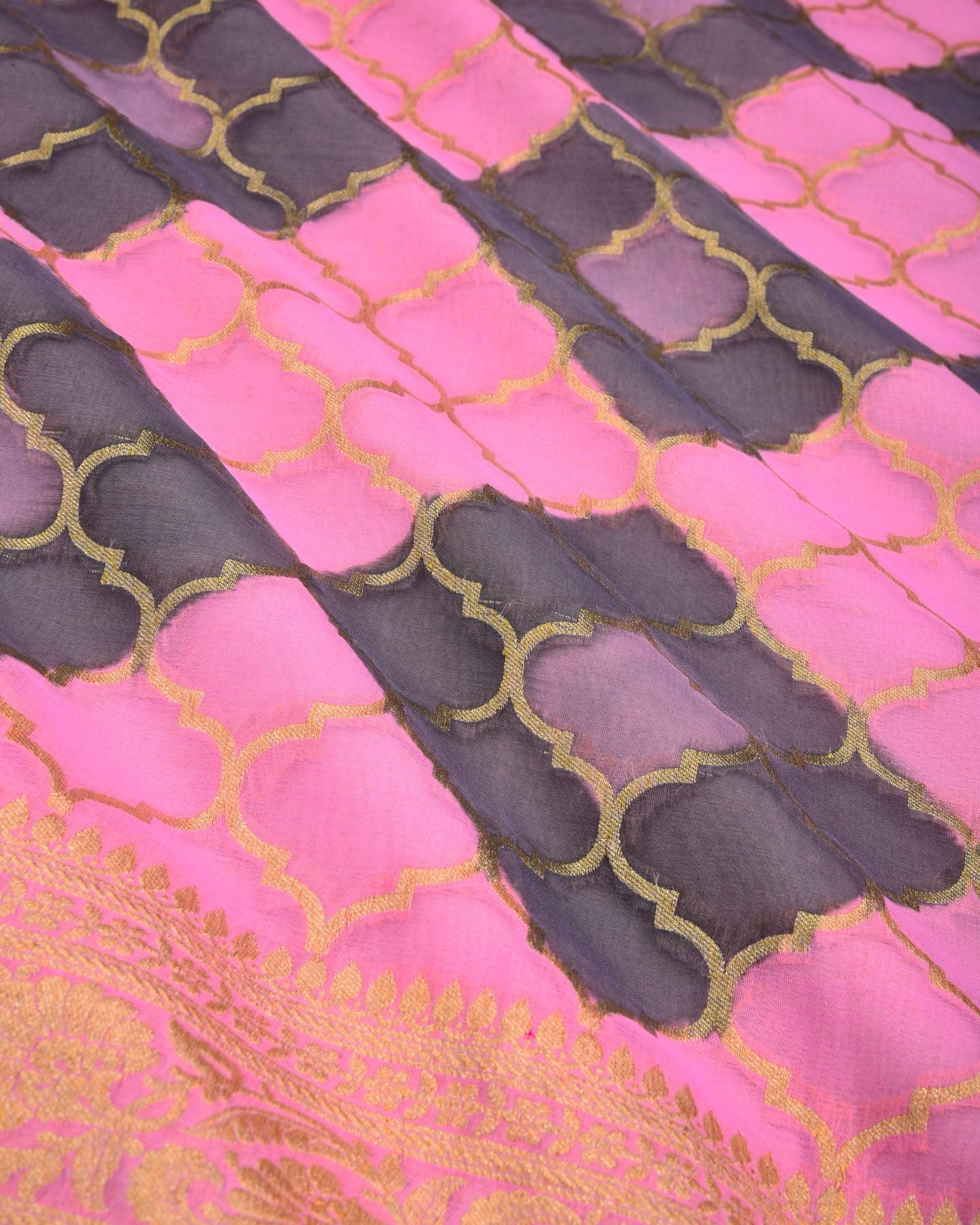 Gray on Pink Banarasi Moroccon Grid Cutwork Brocade Handwoven Khaddi Georgette Dupatta - By HolyWeaves, Benares