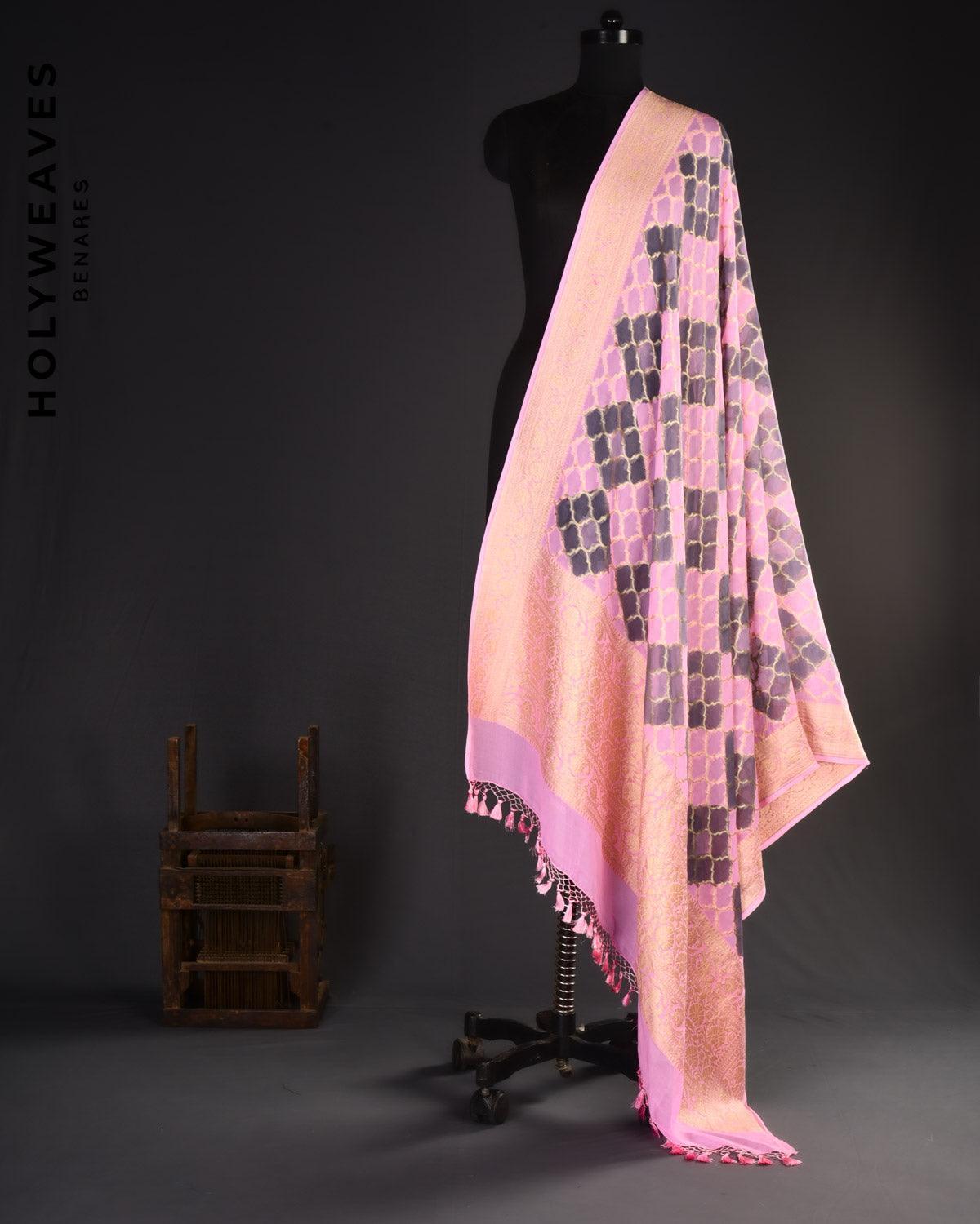 Gray on Pink Banarasi Moroccon Grid Cutwork Brocade Handwoven Khaddi Georgette Dupatta - By HolyWeaves, Benares