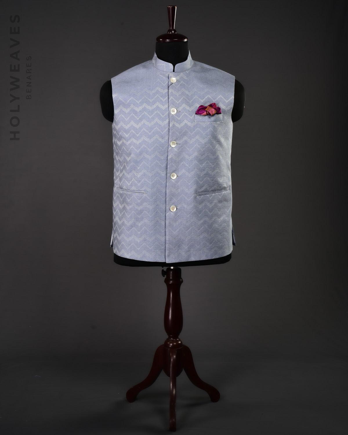 Gray Tanchoi Woven Blended Cotton Mens Modi Jacket - By HolyWeaves, Benares