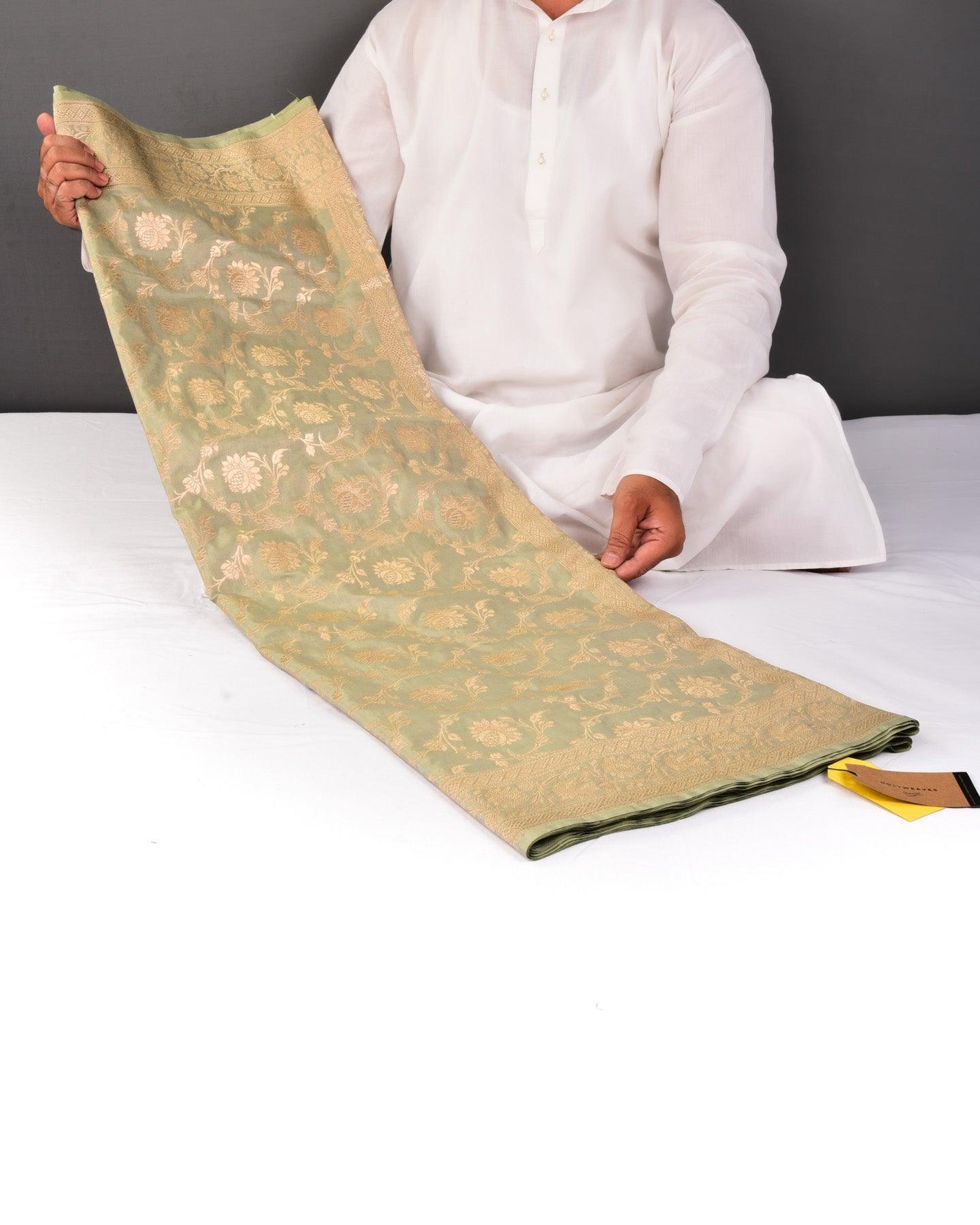 Grayish Green Banarasi Gold Zari Jaal Cutwork Brocade Handwoven Katan Silk Saree - By HolyWeaves, Benares