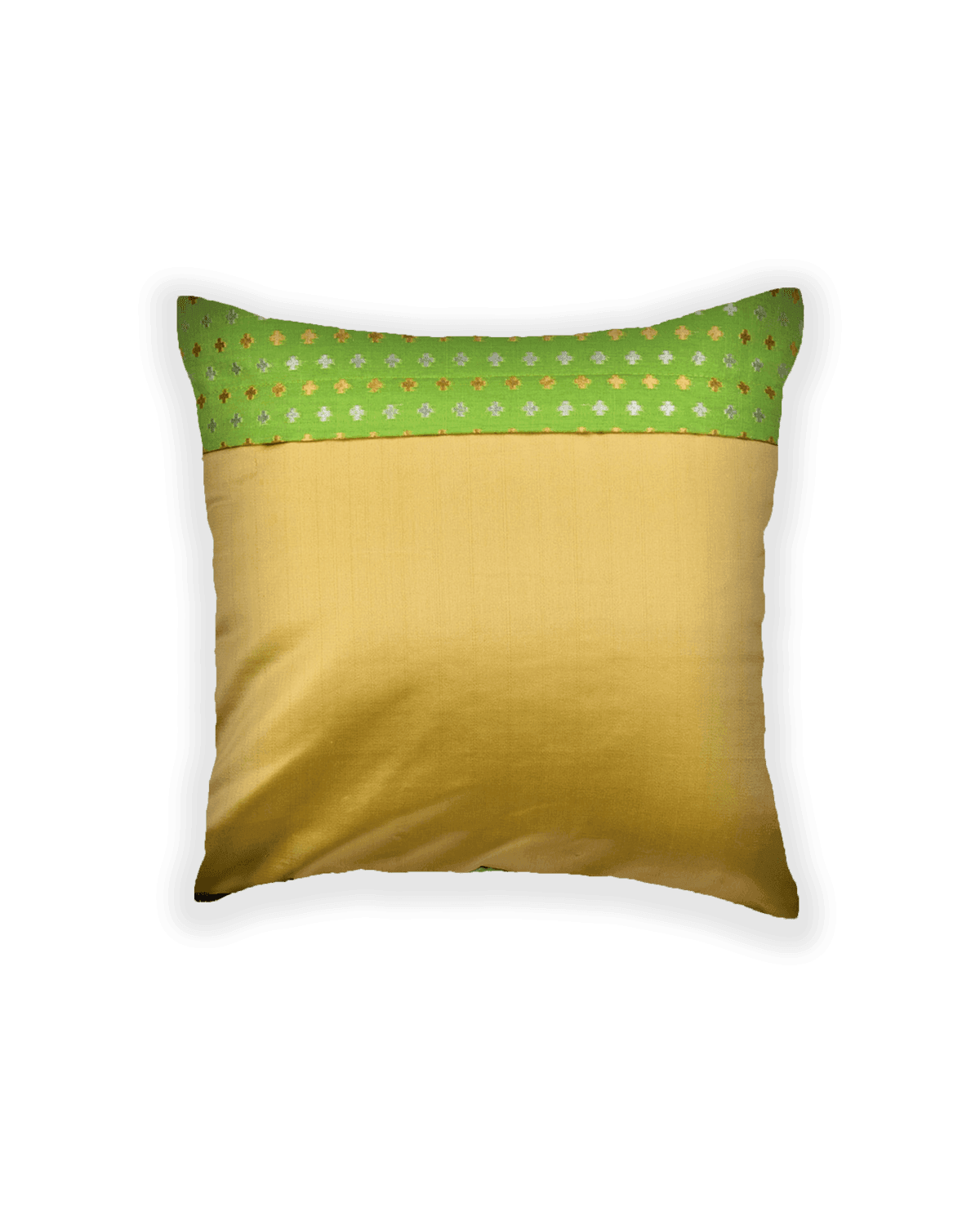 Green Antique Zari Diya Brocade Woven Cotton Silk Cushion Cover with Satin Back 16" - By HolyWeaves, Benares