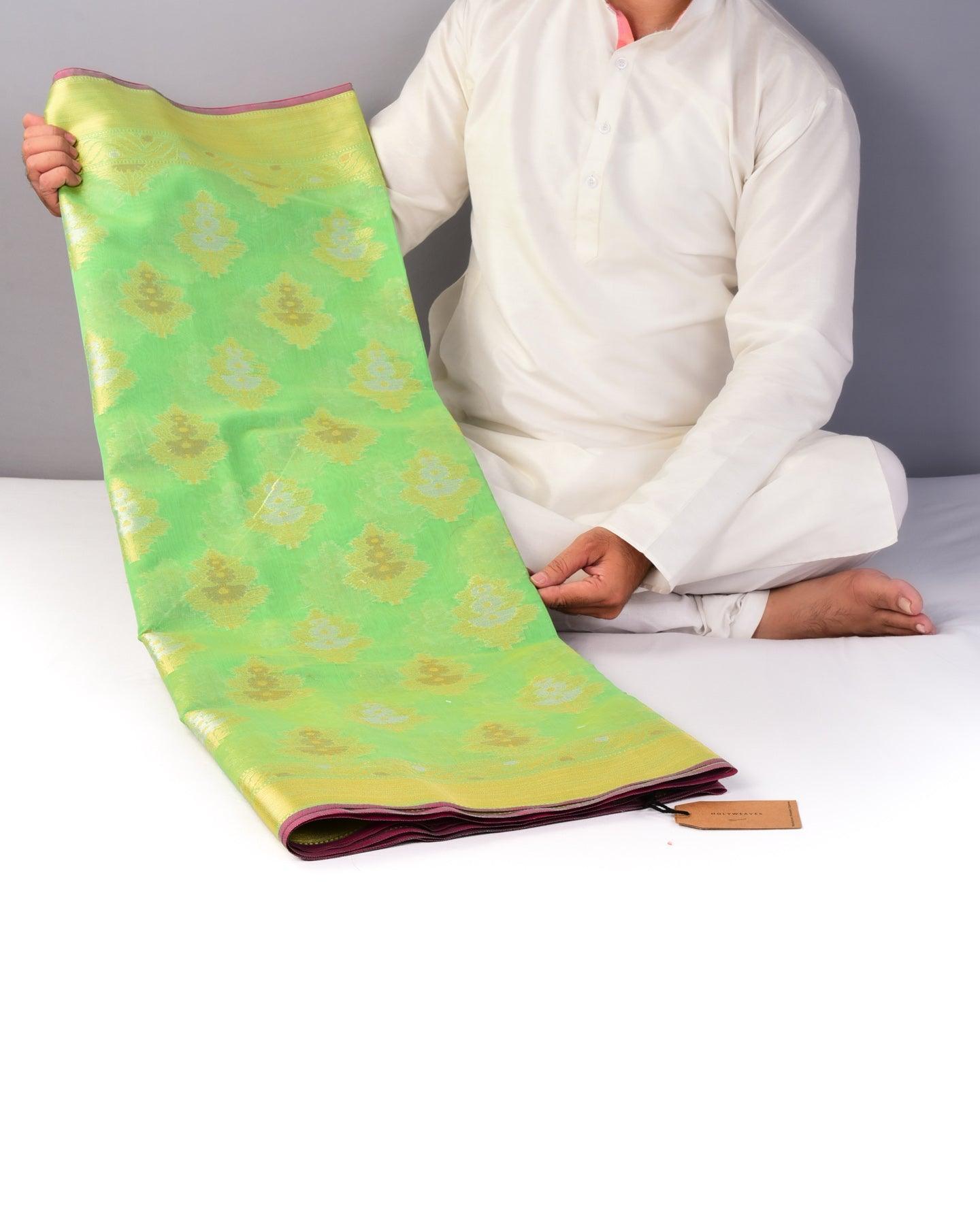 Green Banarasi 3-Color Zari Cutwork Brocade Woven Cotton Silk Saree - By HolyWeaves, Benares