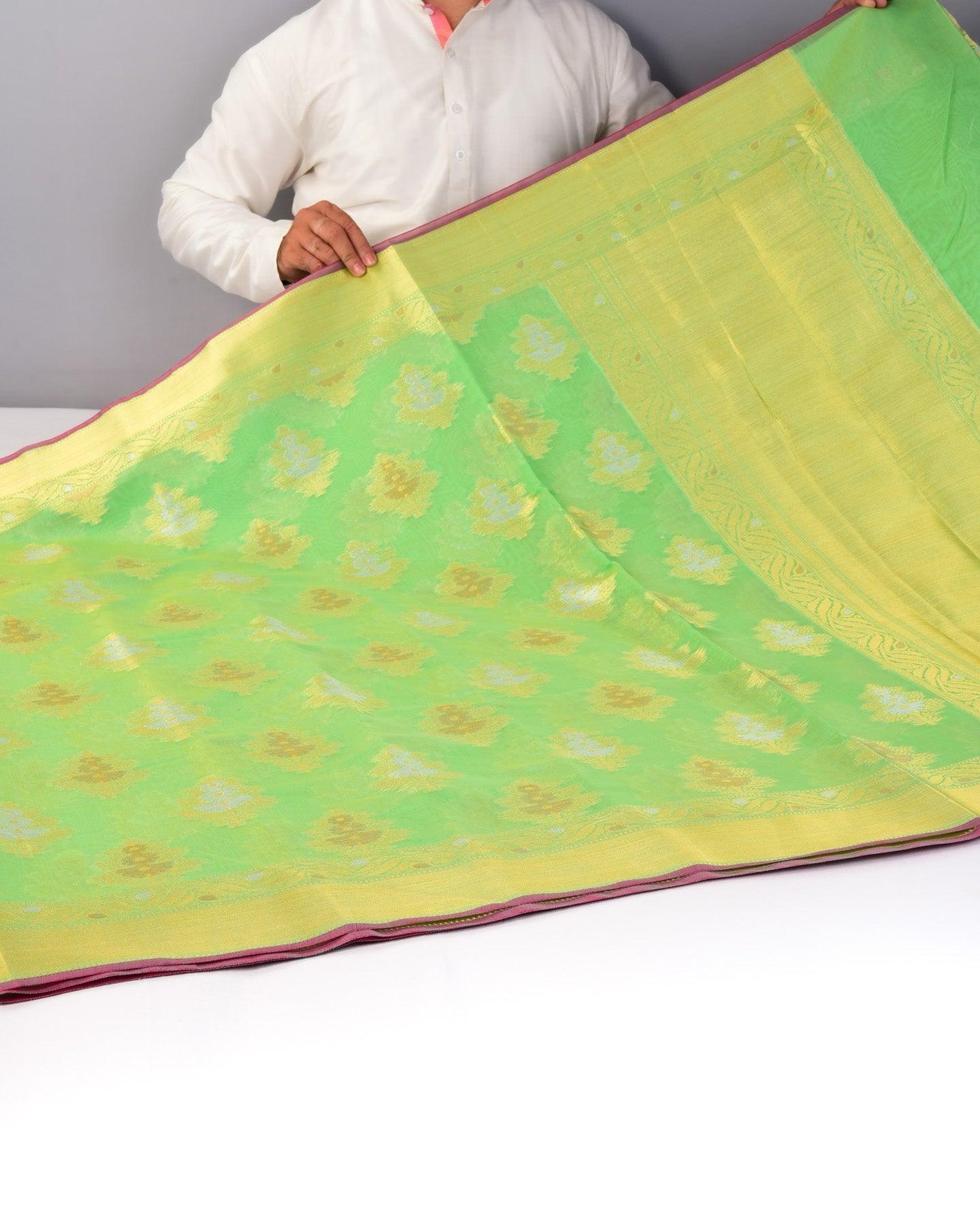 Green Banarasi 3-Color Zari Cutwork Brocade Woven Cotton Silk Saree - By HolyWeaves, Benares