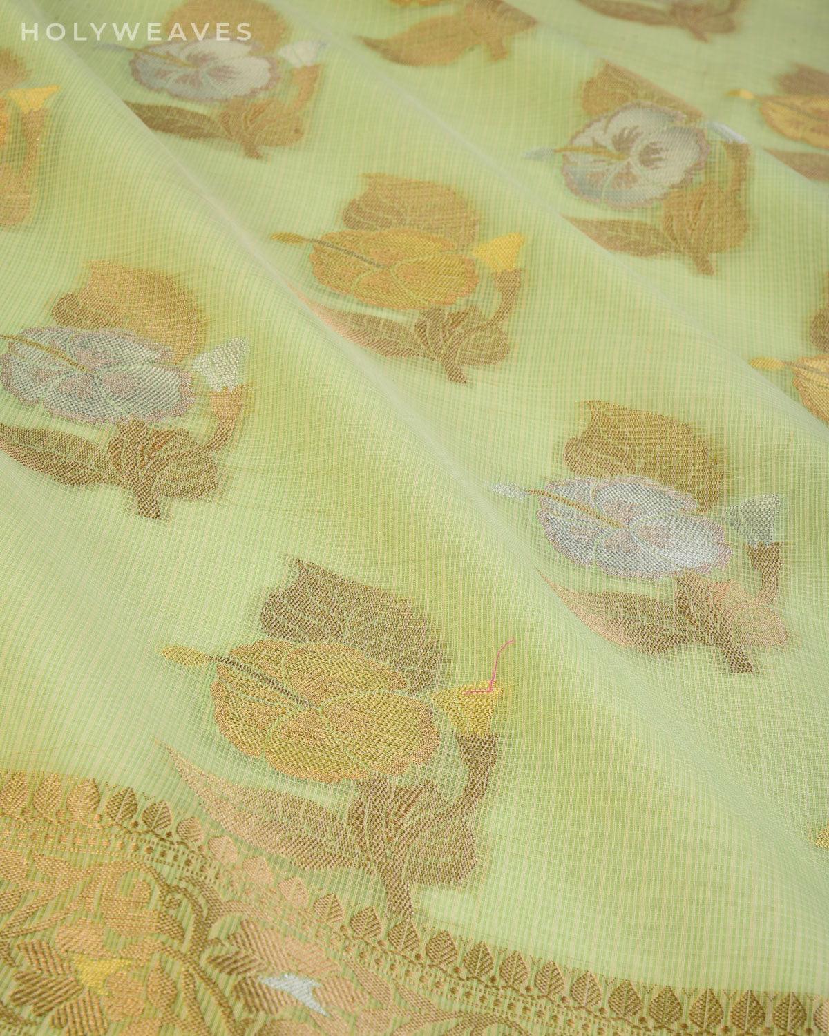 Green Banarasi Alfi Buti Cutwork Brocade Woven Kota Cotton Saree - By HolyWeaves, Benares