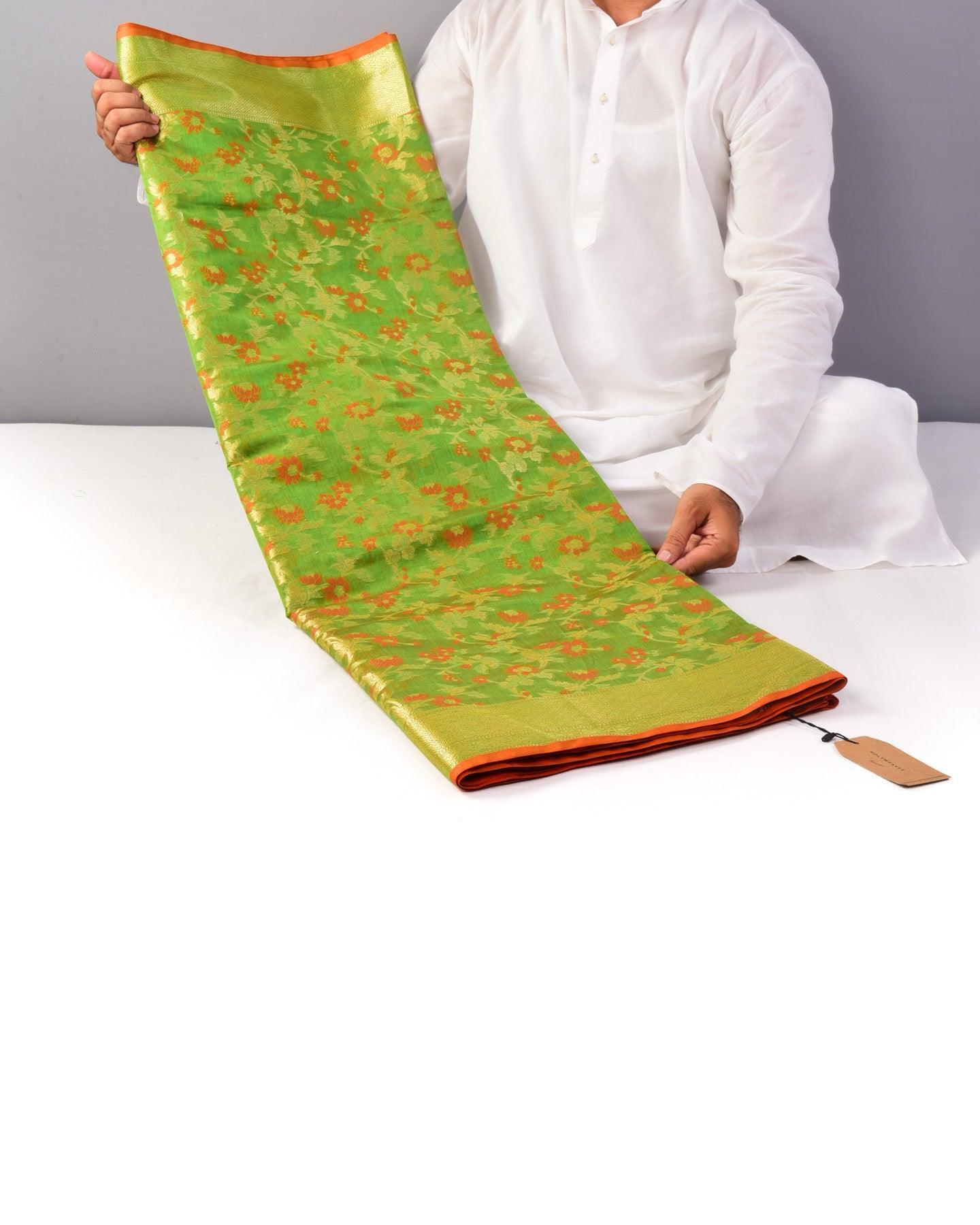 Green Banarasi Alfi Meena Jaal Cutwork Brocade Woven Cotton Silk Saree - By HolyWeaves, Benares