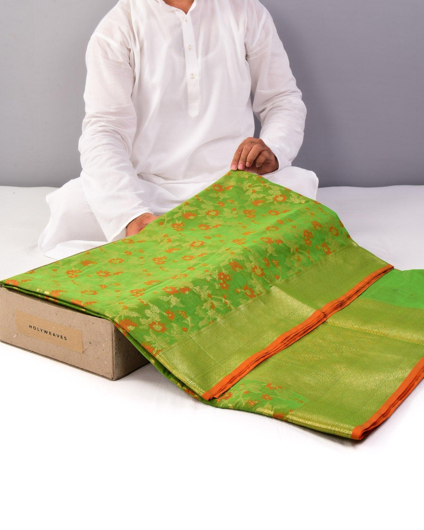 Green Banarasi Alfi Meena Jaal Cutwork Brocade Woven Cotton Silk Saree - By HolyWeaves, Benares