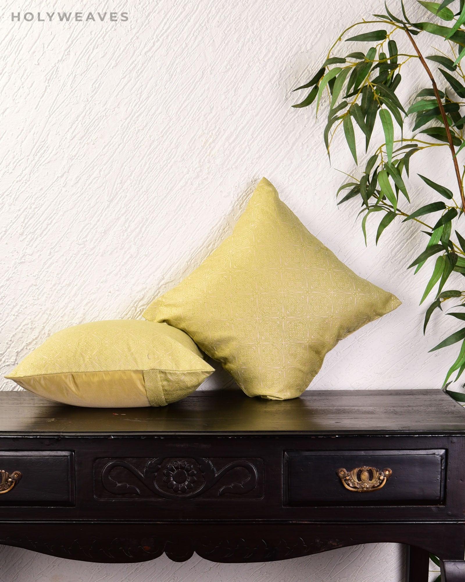 Green Banarasi Brocade Noile Silk Cushion Cover 16" - By HolyWeaves, Benares