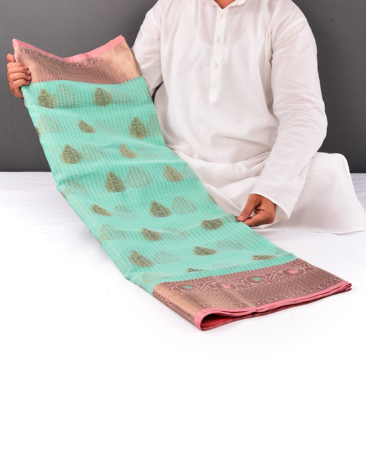 Green Banarasi Check Texture Antique Buta Cutwork Brocade Woven Cotton Silk Saree with Peach Border Pallu - By HolyWeaves, Benares