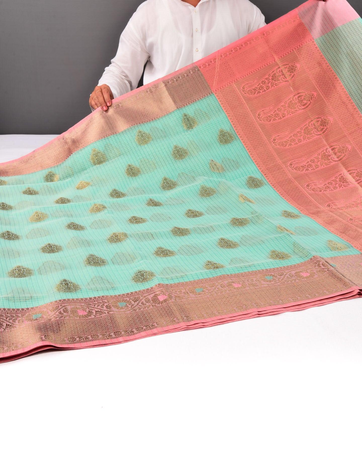 Green Banarasi Check Texture Antique Buta Cutwork Brocade Woven Cotton Silk Saree with Peach Border Pallu - By HolyWeaves, Benares
