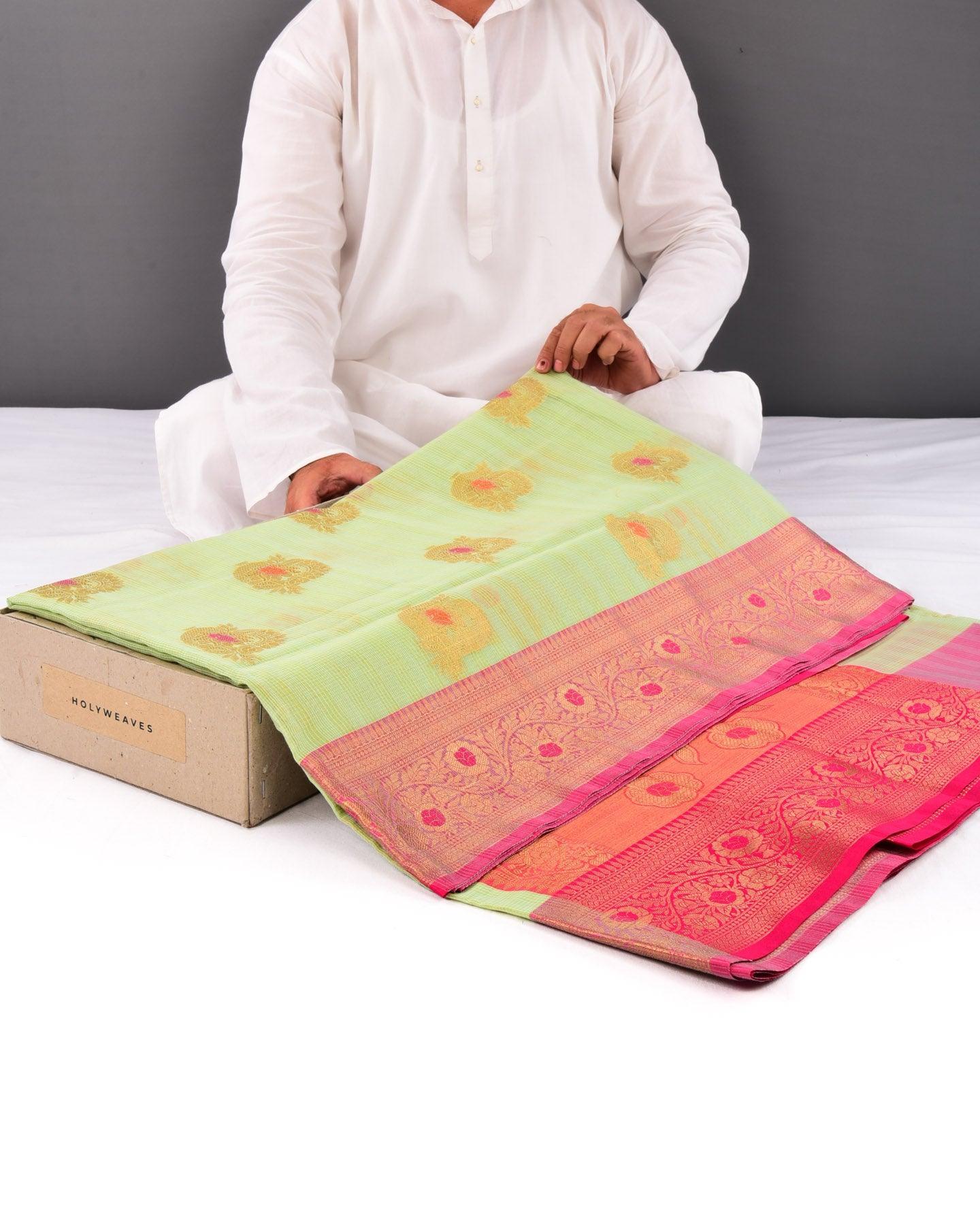 Green Banarasi Check Texture Meena Zari Buta Cutwork Brocade Woven Cotton Silk Saree with Contrast Pink Border Pallu - By HolyWeaves, Benares