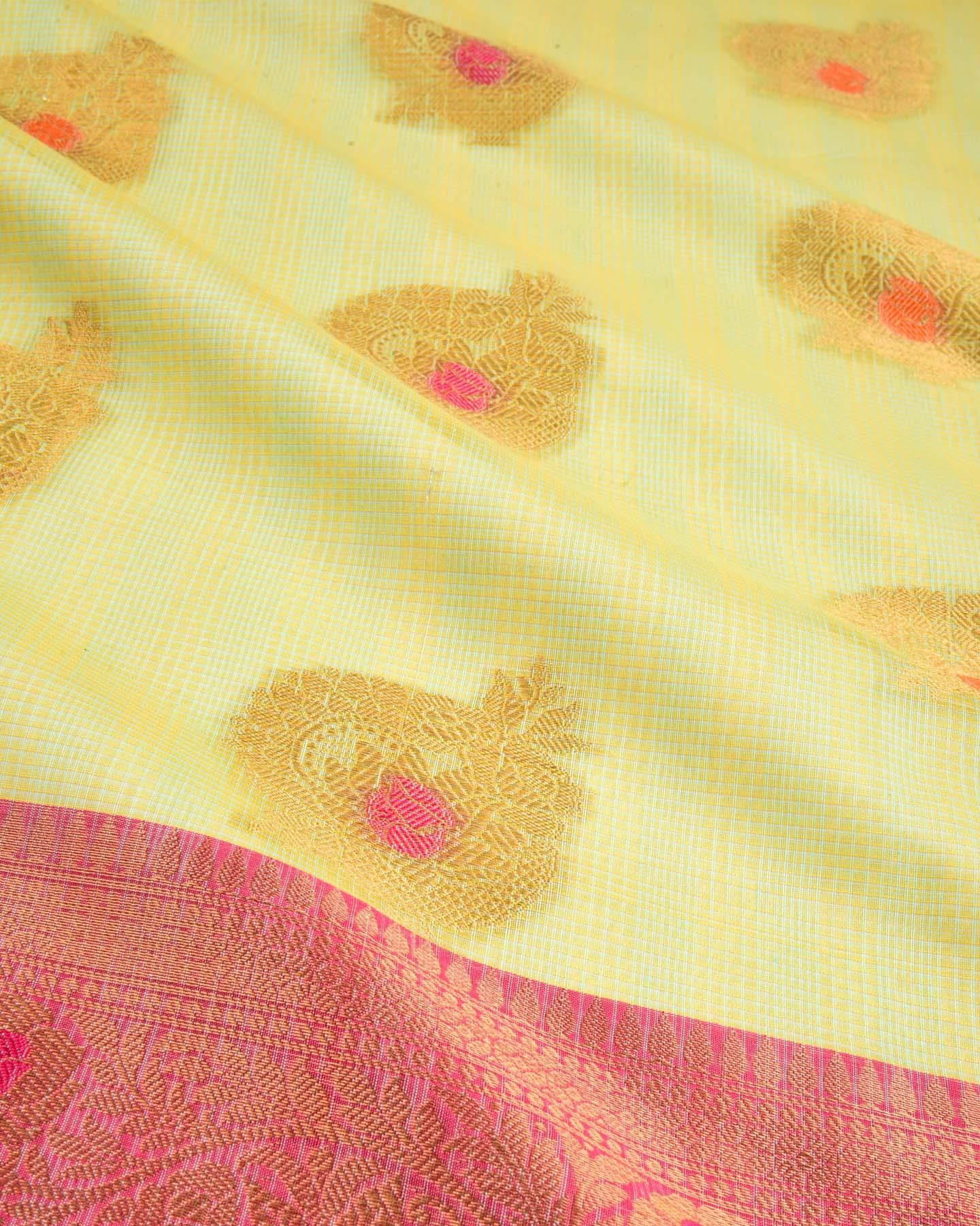 Green Banarasi Check Texture Meena Zari Buta Cutwork Brocade Woven Cotton Silk Saree with Contrast Pink Border Pallu - By HolyWeaves, Benares