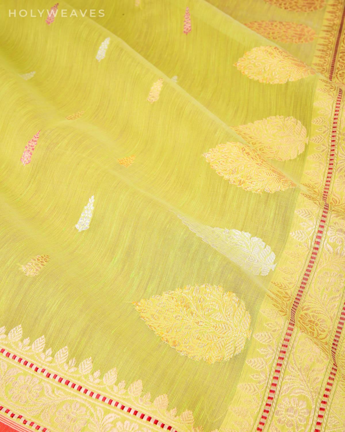 Green Banarasi Colored Zari Buti Kadhuan Brocade Handwoven Linen Silk Saree - By HolyWeaves, Benares